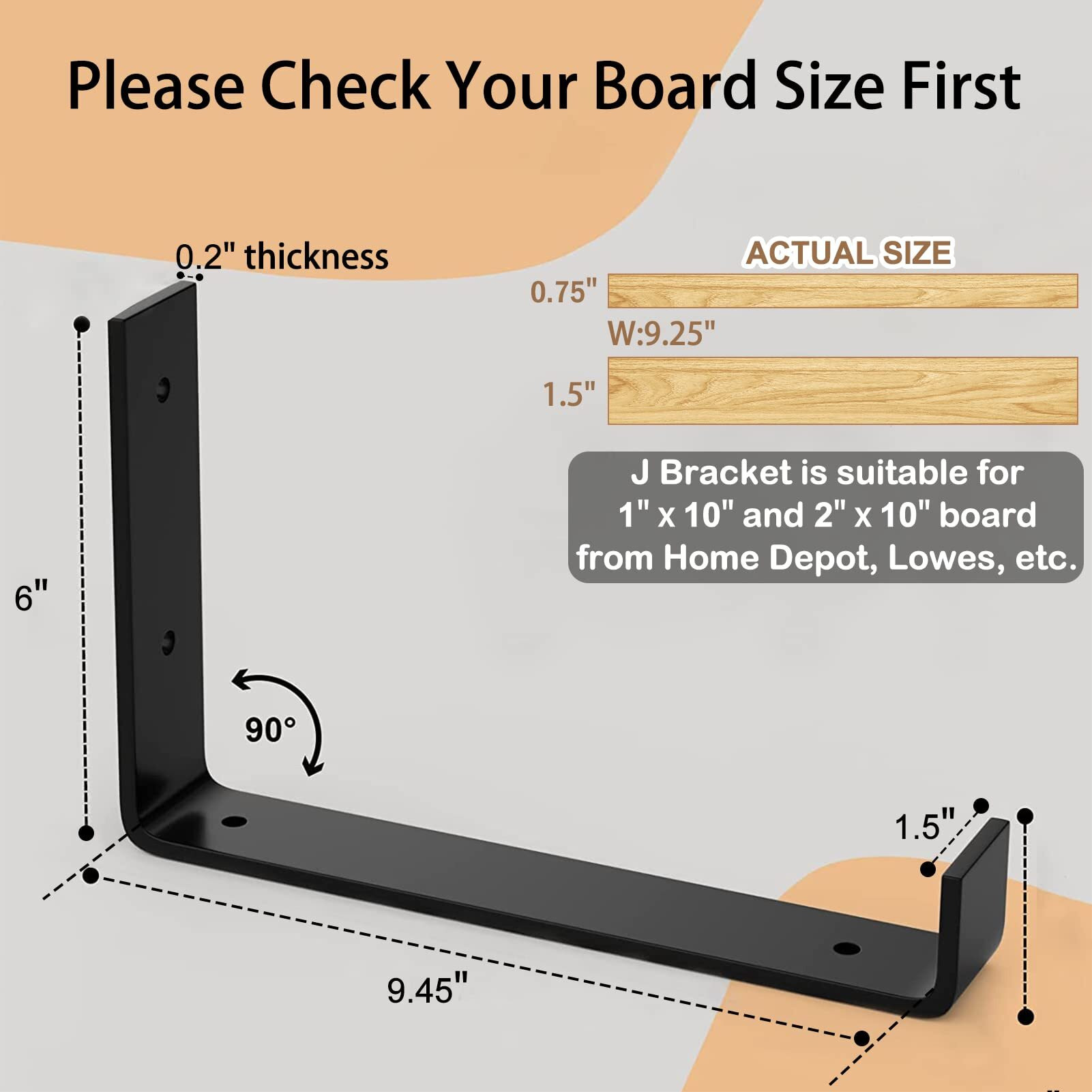 Luckin 10 Inch Wall Shelf Brackets (Fit 9.25"" Board) 4-Pack, Heavy Duty Black Iron, Garage, Kitchen, Bathroom Floating Shelf Hardware