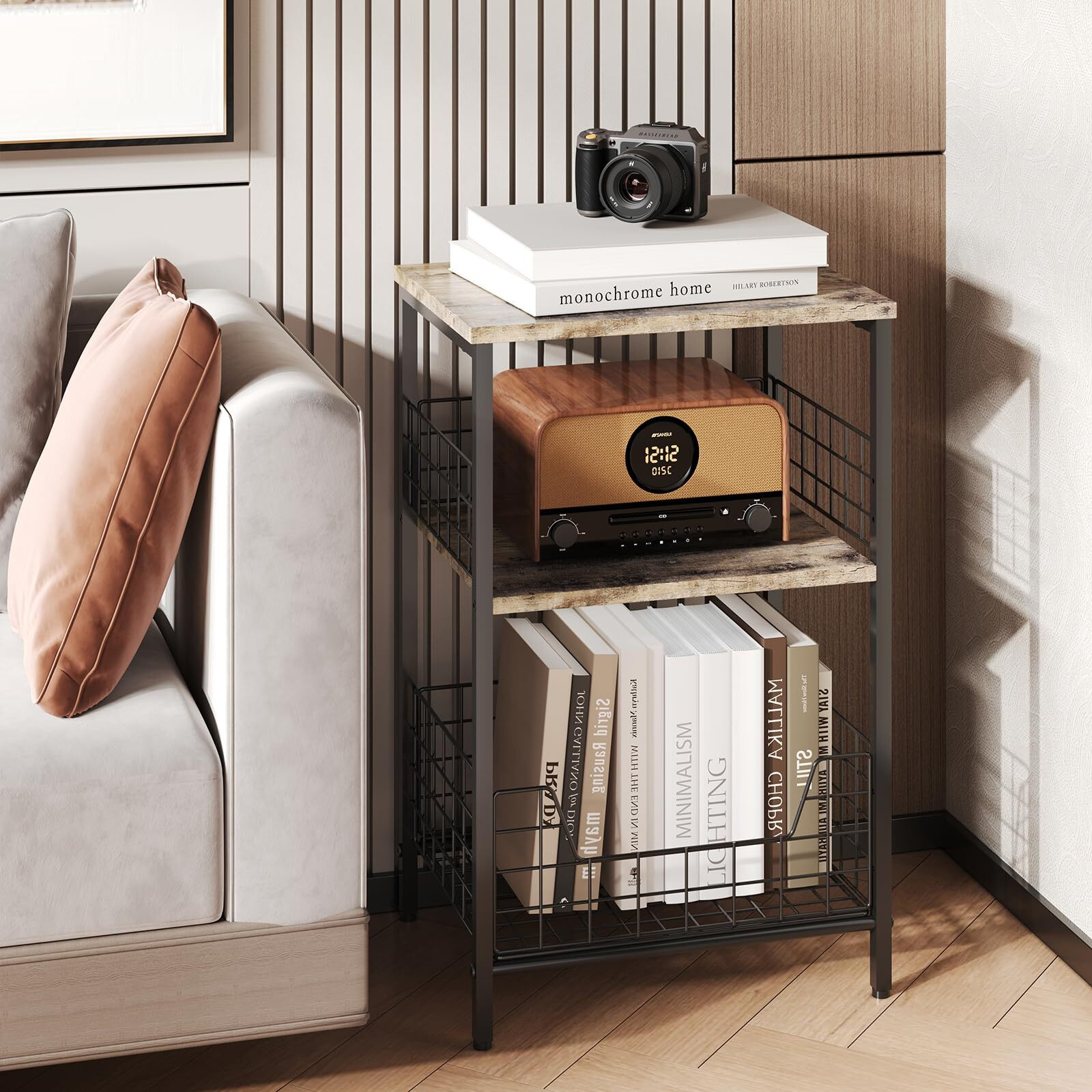 X-Cosrack End Table,Industrial Retro Side Table Nightstand Storage Shelf For Living Room Bedroom Kitchen Family And Office,Stable Wood And Metal Frame, Patent Pending(Brown&Black)