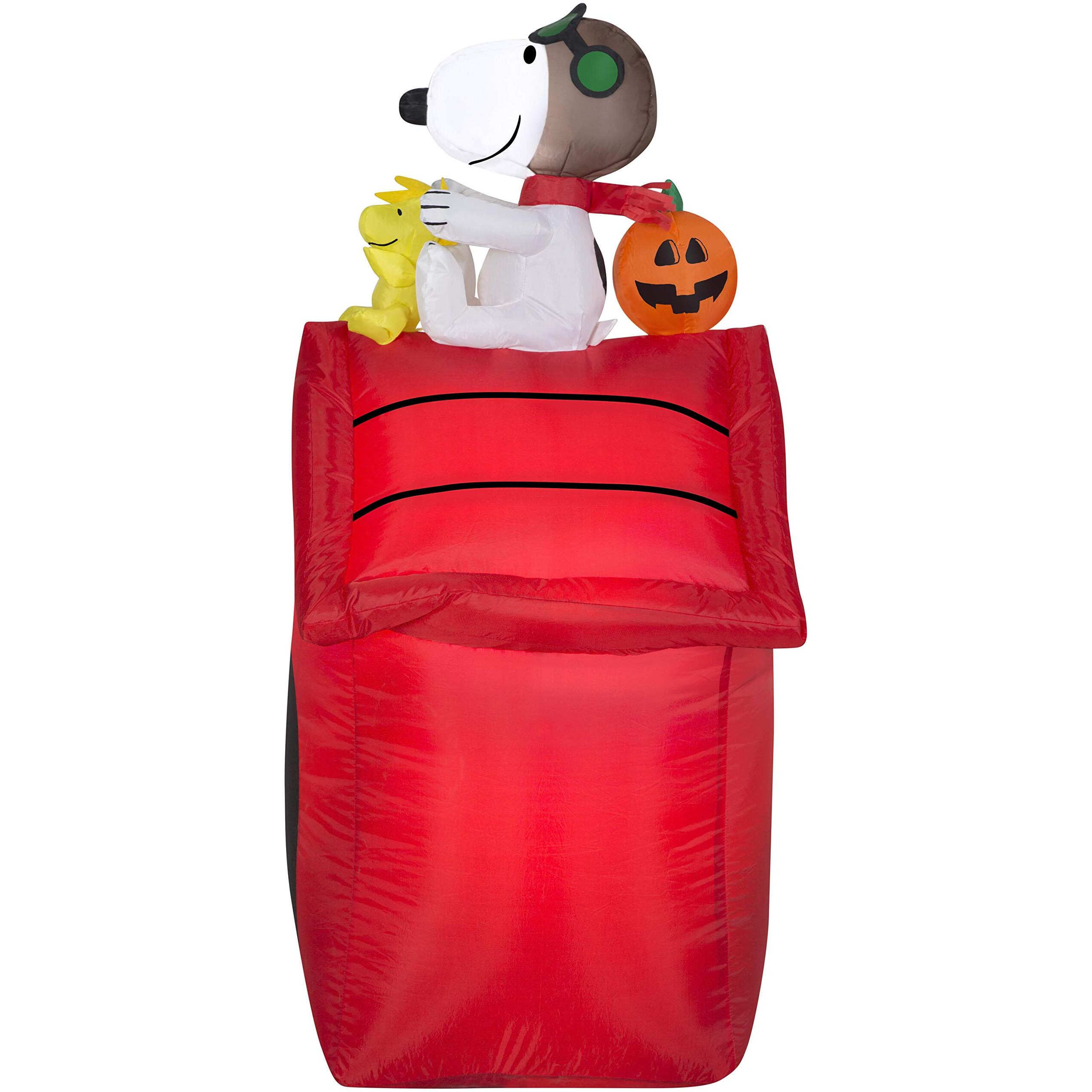 Gemmy Airblown Inflatable Snoopy As Red Barron And Woodstock On Doghouse With Pumpkin - Indoor Outdoor Holiday Yard Decoration, 3.5-Foot Tall
