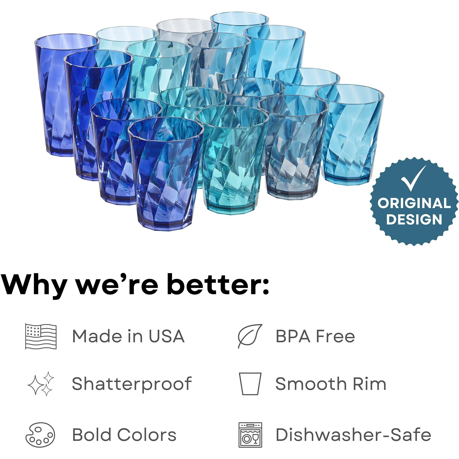 Us Acrylic Optix Plastic Reusable Drinking Glasses (Set Of 16) 14Oz Rocks & 20Oz Water Cups In Coastal Colors | Bpa-Free Tumblers, Made In Usa | Top-Rack Dishwasher Safe