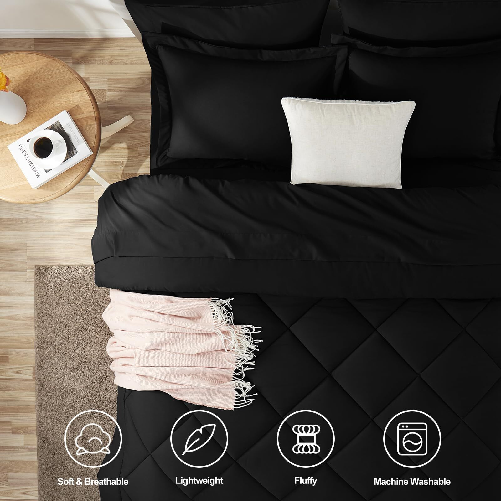 Cozylux Queen Comforter Set With Sheets 7 Pieces Bed In A Bag Black All Season Bedding Sets With Comforter, Pillow Shams, Flat Sheet, Fitted Sheet And Pillowcases