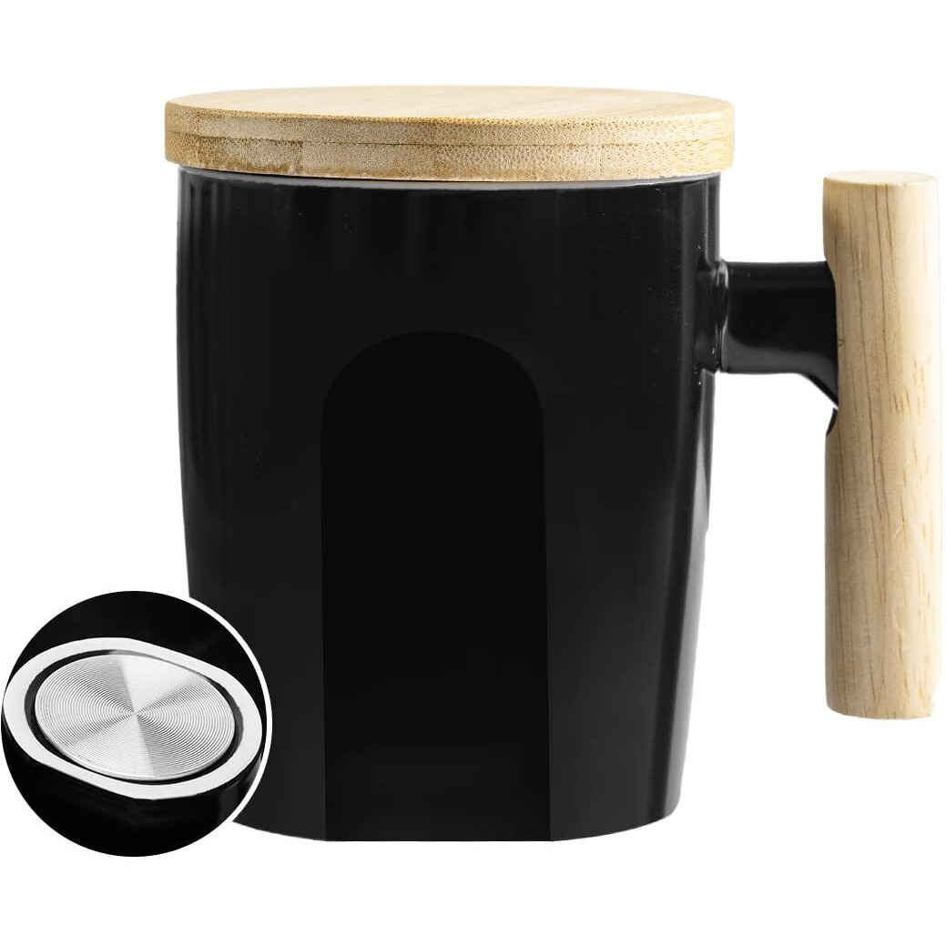 Howay Flat Bottom Mug With Wood Lid, Ceramic Tea Cup For Coffee Warmer, Flat Bottomed, Wooden Handle, 14Oz