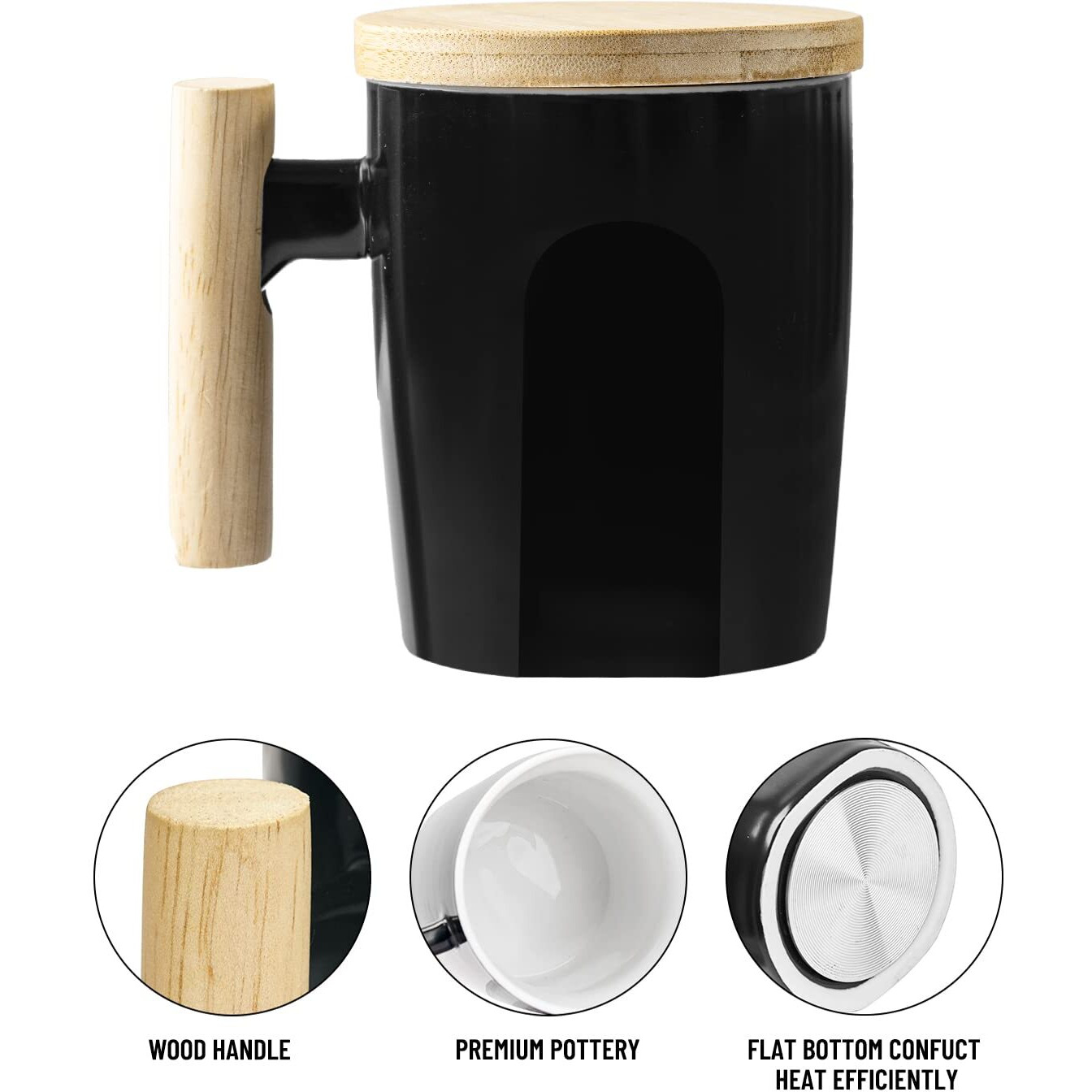 Howay Flat Bottom Mug With Wood Lid, Ceramic Tea Cup For Coffee Warmer, Flat Bottomed, Wooden Handle, 14Oz