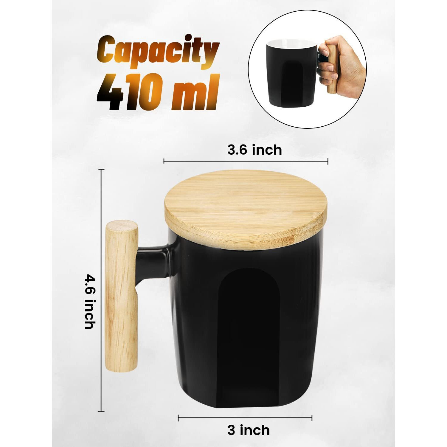 Howay Flat Bottom Mug With Wood Lid, Ceramic Tea Cup For Coffee Warmer, Flat Bottomed, Wooden Handle, 14Oz