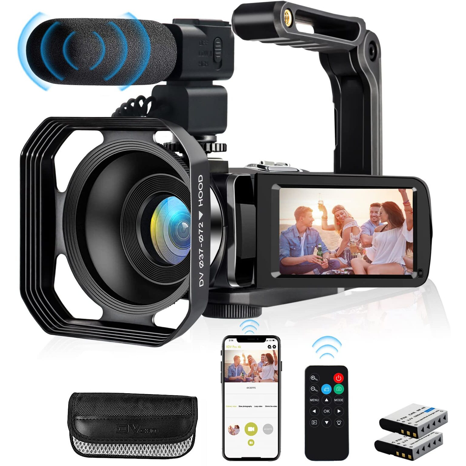 Lovpo 4K Video Camera, Camcorder 48Mp Ultra Hd Wifi Vlogging Camera For Youtube 18X Zoom 3.0"" Touch Screen Digital Camera With Microphone, Stabilizer, Lens Hood, Remote, 2 Batteries