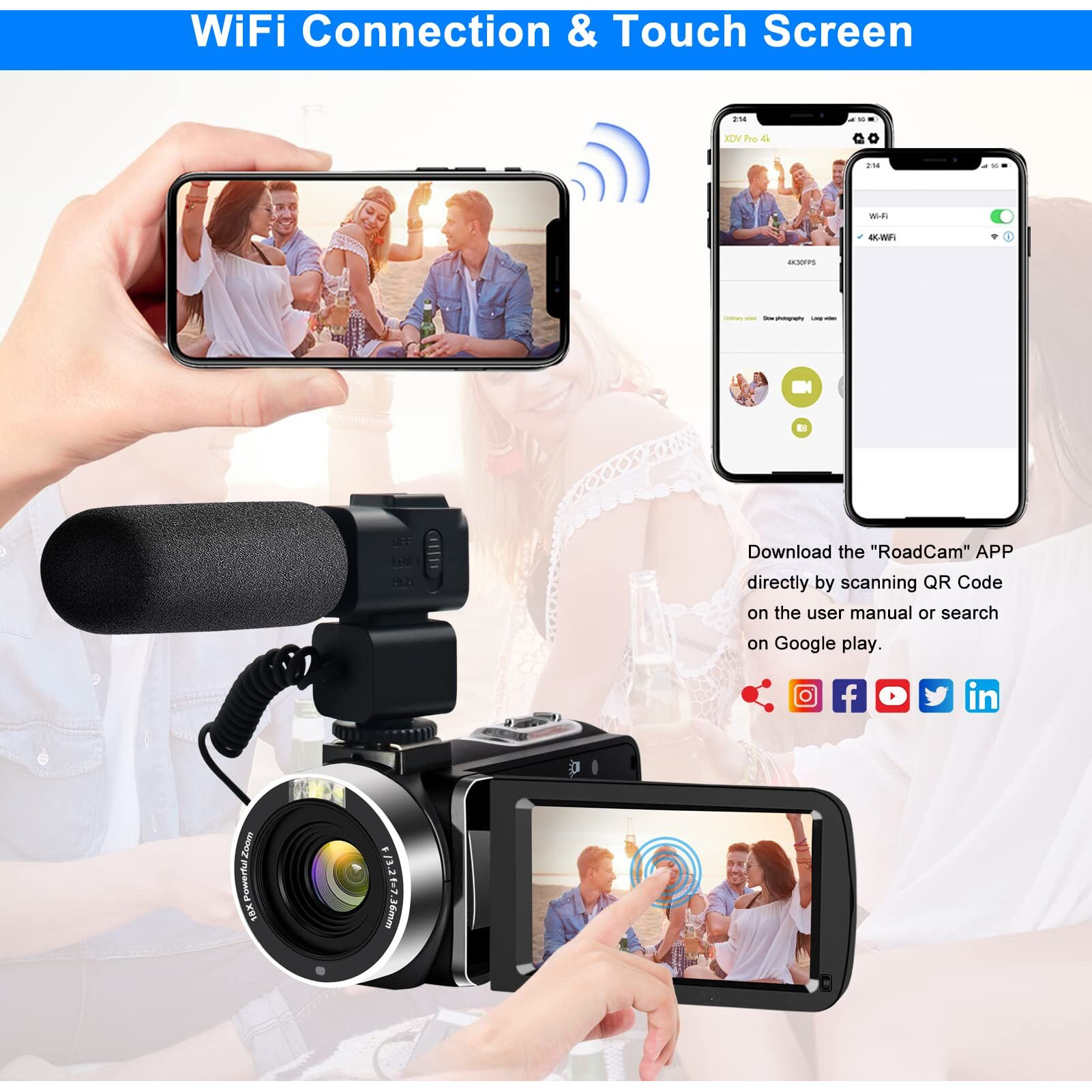 Lovpo 4K Video Camera, Camcorder 48Mp Ultra Hd Wifi Vlogging Camera For Youtube 18X Zoom 3.0"" Touch Screen Digital Camera With Microphone, Stabilizer, Lens Hood, Remote, 2 Batteries
