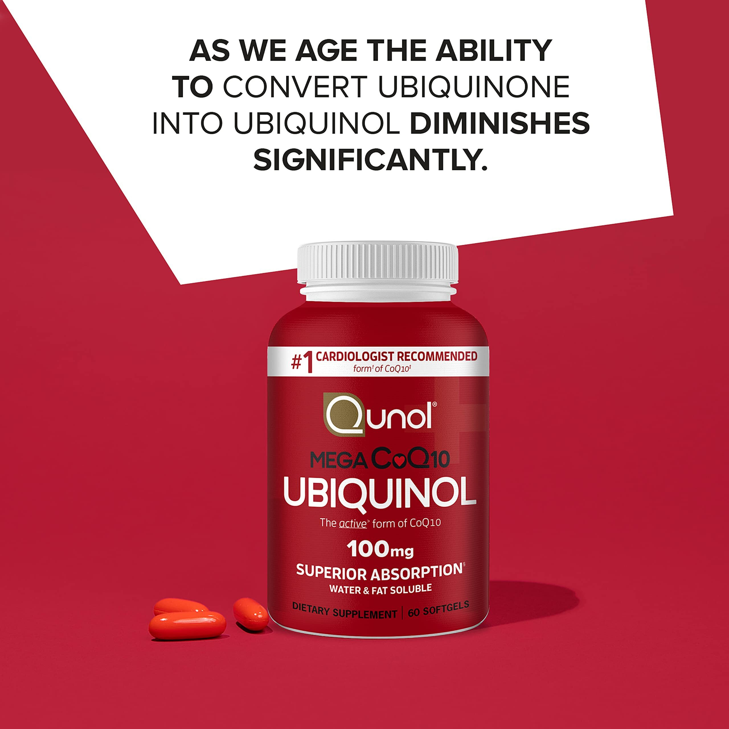 Qunol Ubiquinol Coq10 100Mg Softgels, Mega Ubiquinol 100Mg - Superior Absorption - Active Form Of Coenzyme Q10 For Heart Health & Healthy Blood Pressure Levels - 2 Month Supply - 60 Count