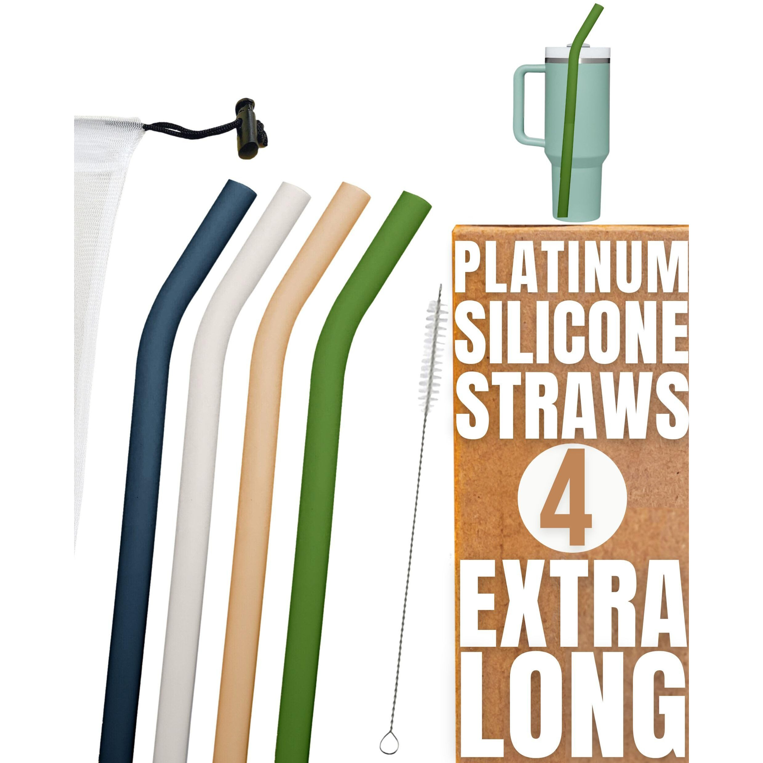 Purifyou Extra Long 14.5"" Reusable Silicone Straws With Flexible Tips, Cleaning Brush, & Portable Case - Fits With 40Oz Stanley Cups, Tumblers & More (Set Of 4)