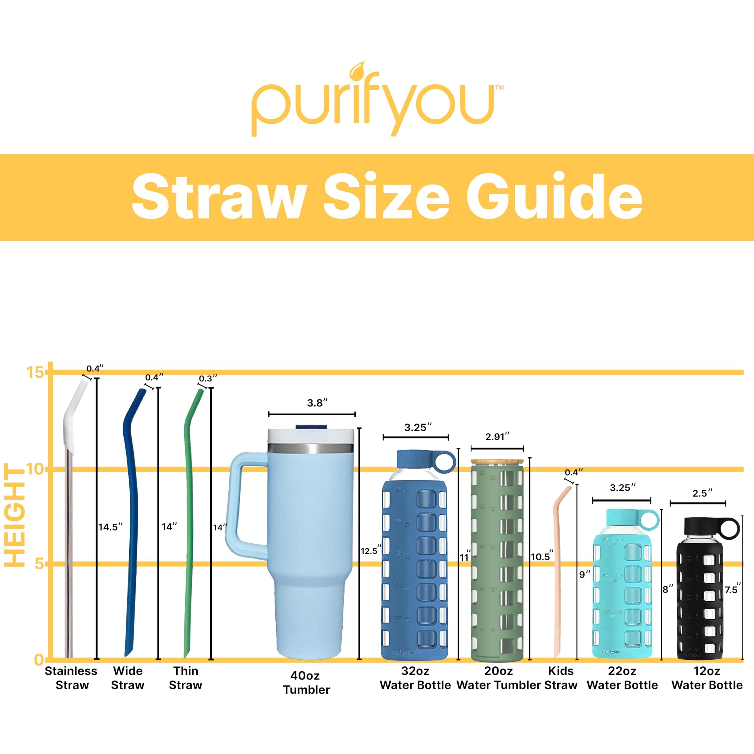 Purifyou Extra Long 14.5"" Reusable Silicone Straws With Flexible Tips, Cleaning Brush, & Portable Case - Fits With 40Oz Stanley Cups, Tumblers & More (Set Of 4)