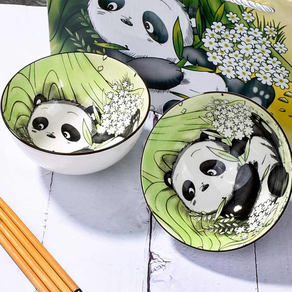 Bosili Cute Panda Rice Bowls And Chopsticks Set, Ceramic Rice Bowls For Dessert Soup Rice As A Good Gift (2 Pieces)