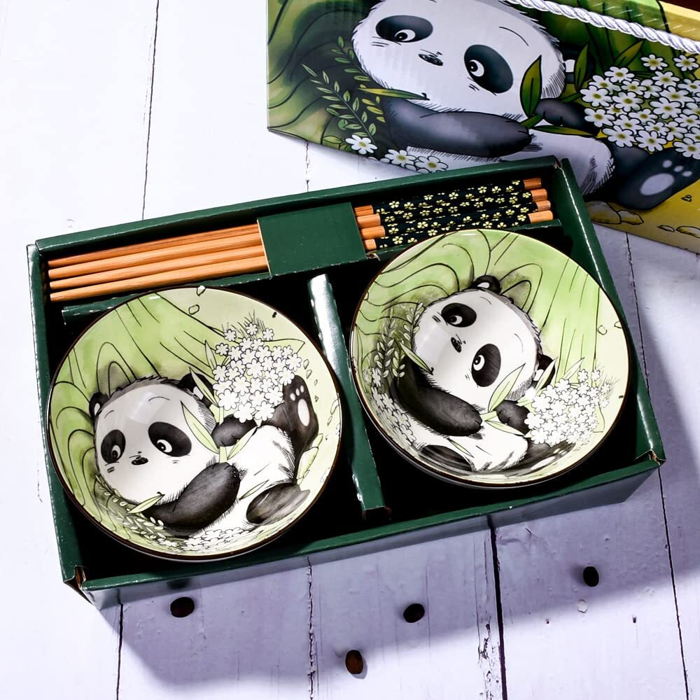 Bosili Cute Panda Rice Bowls And Chopsticks Set, Ceramic Rice Bowls For Dessert Soup Rice As A Good Gift (2 Pieces)