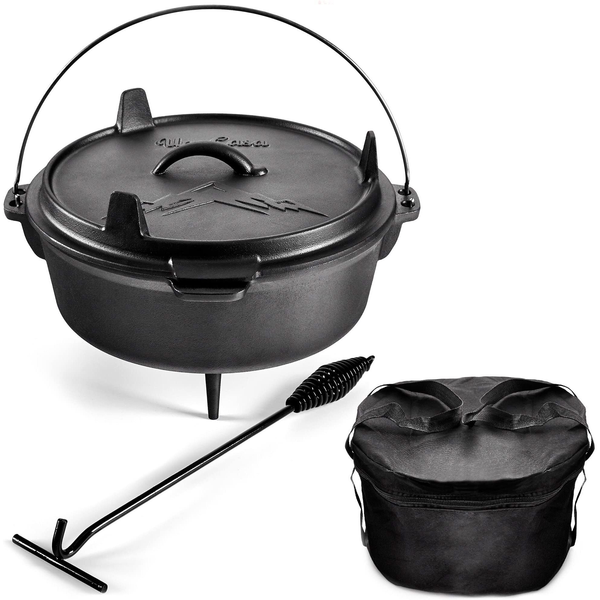 Uno Casa 6Qt Cast Iron Camping Dutch Oven With Lid Lifter And Storage Bag - Cast Iron Dutch Oven Pot With Lid, Cast Iron Camping Cookware, Camping Oven - Campfire Cooking Equipment