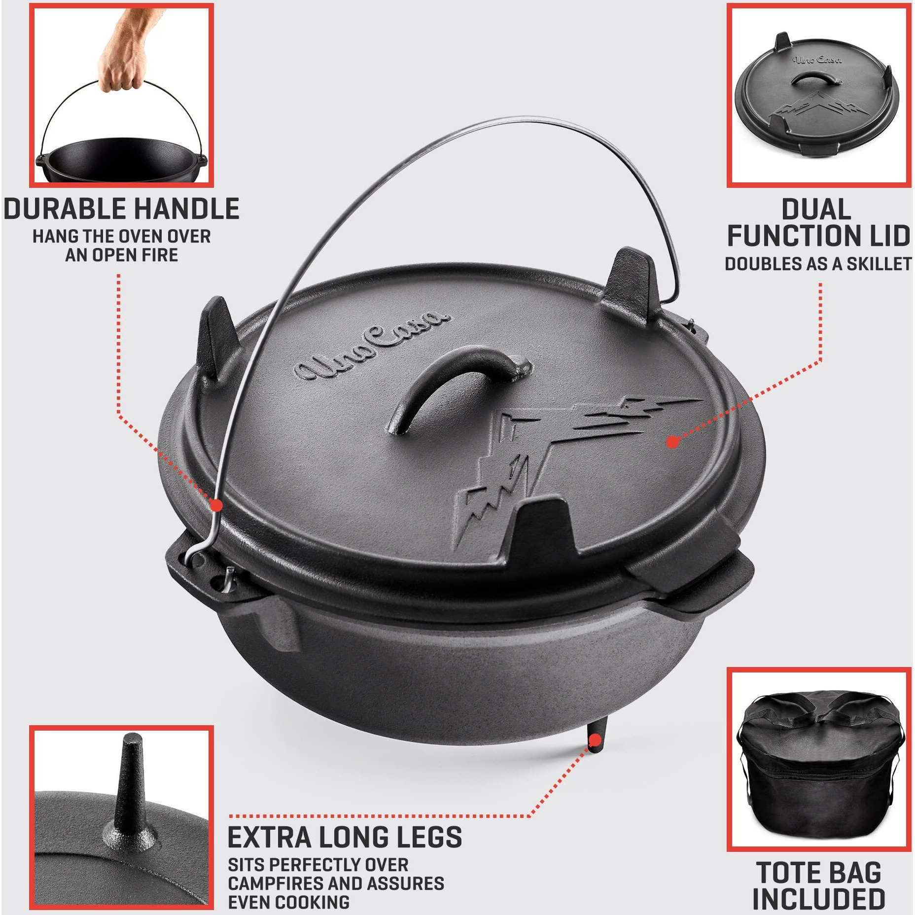 Uno Casa 6Qt Cast Iron Camping Dutch Oven With Lid Lifter And Storage Bag - Cast Iron Dutch Oven Pot With Lid, Cast Iron Camping Cookware, Camping Oven - Campfire Cooking Equipment