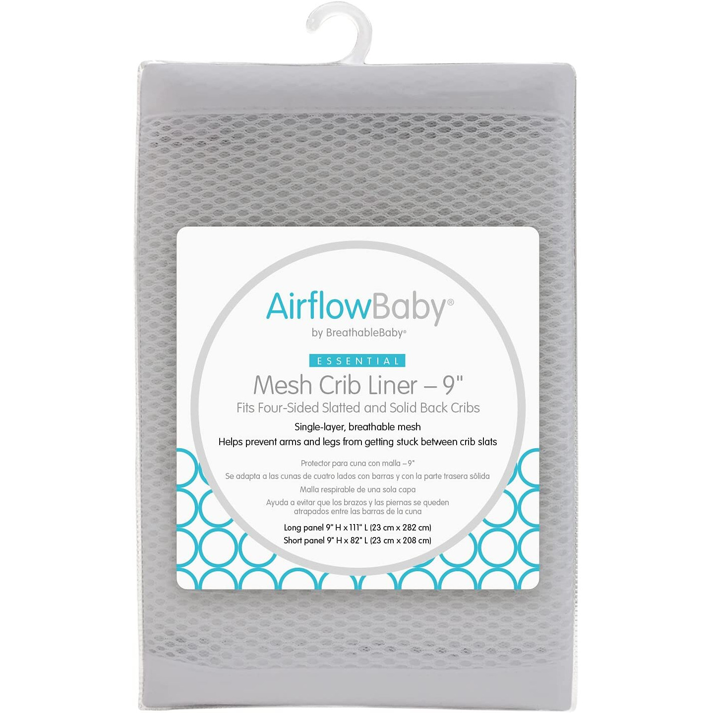 Airflowbaby Breathable Mesh Liner For Full-Size Cribs, 9"" H (23Cm) Essential 2Mm Mesh, Gray (Size 4Fs Covers 3 Or 4 Sides)