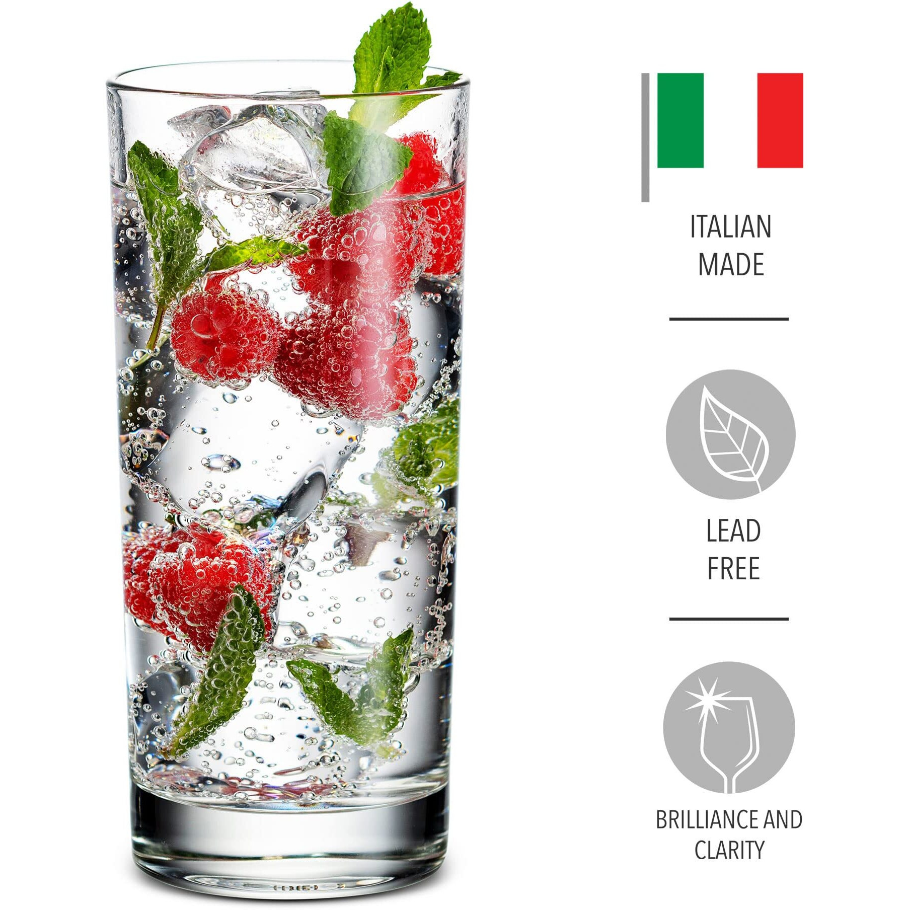 Godinger Highball Drinking Glasses, Italian Made Tall Glass Cups, Water Glasses Drinking Set, Cocktail Glasses - 14Oz, Set Of 4, Made In Italy