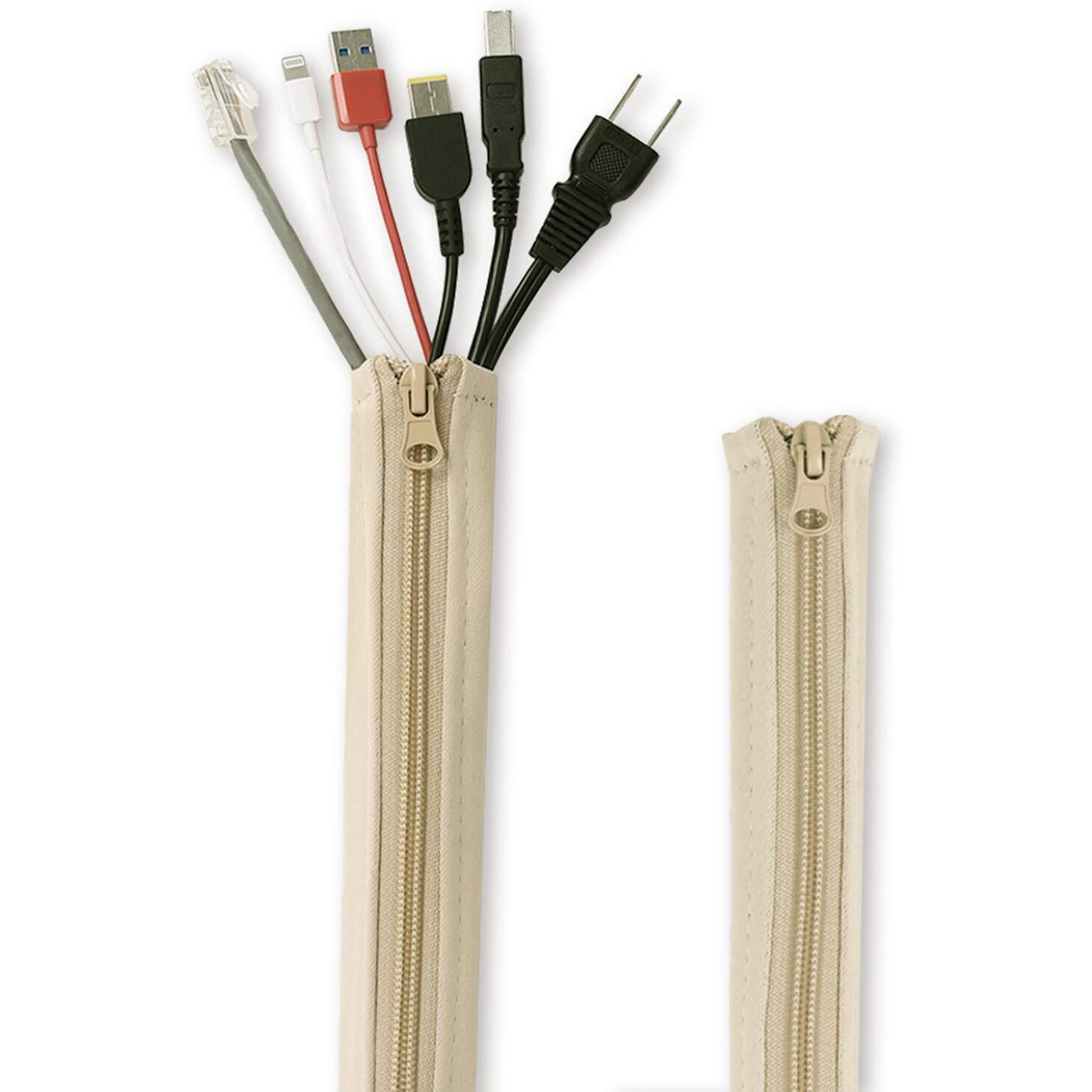 Flexible Cable Management Sleeve With Zipper - Extendable Cord Organizer System Wrap Wire Cable Cover Sleeve Holder, Keep Home & Office Clean Safe Protector For Tv/Media, Beige, 39 Inches, 2 Pcs