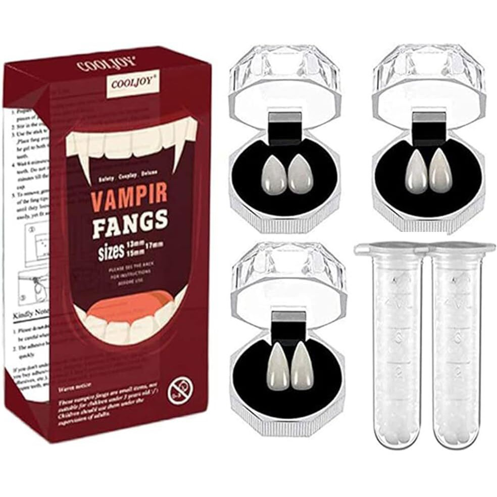 Cooljoy 3 Sizes Vampire Fangs Teeth With Adhesive Halloween Cosplay Props White Horror False Teeth Props Party Favors Masquerade Accessories Gift