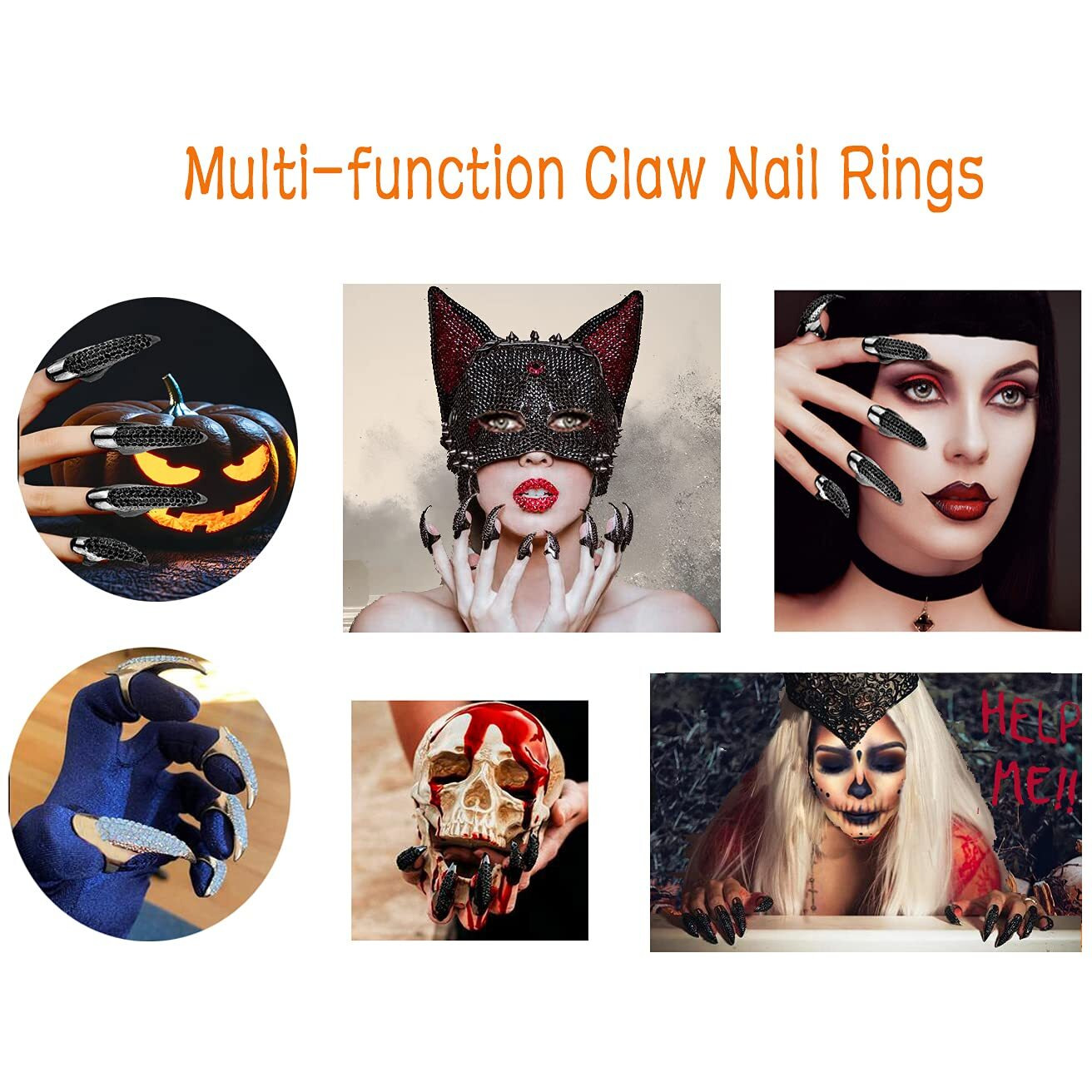 10 Pcs Halloween Costume Claws Fake Nails Ring Set, Bestga Gothic Punk 3 Sizes Crystal Full Finger Rings Paved Paw Bend Fingertip Fingernail Claw Girls Women Men Ring False Easy Long Nails (Golden)