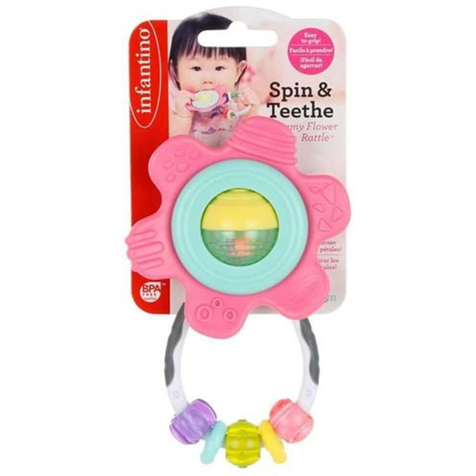 Infantino Spin & Teethe Gummy Yellow Flower Rattle - Easy To Grab, Chewy Rings, Multi-Texutre Petals, Roller Ball Center - Teething & Sensory Play, Ages 0 Months +