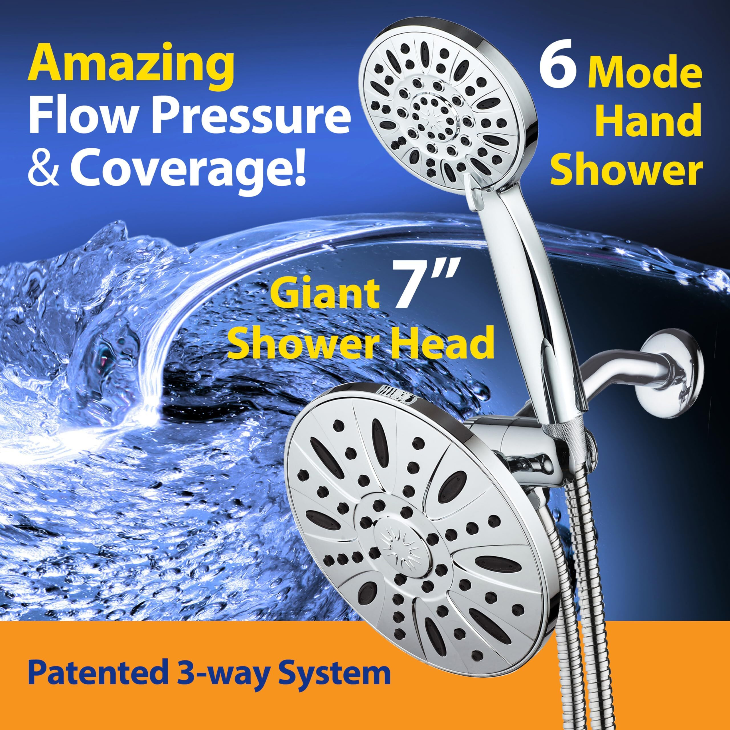 Aquadance 7"" Premium High Pressure 3-Way Rainfall Combo Combines The Best Of Both Worlds-Enjoy Luxurious Rain Showerhead And 6-Setting Hand Held Shower Separately Or Together, Chrome