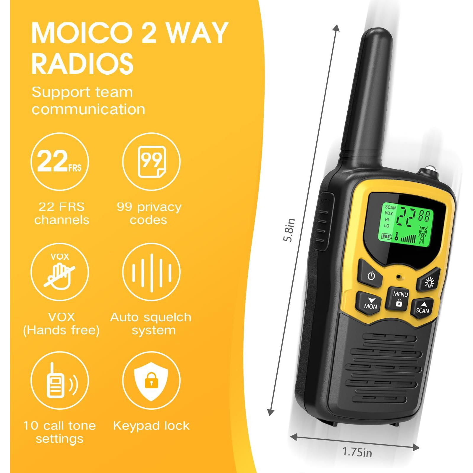 Walkie Talkies With 22 Frs Channels, Moico Walkie Talkies For Adults With Led Flashlight Vox Scan Lcd Display, Long Range Family Walkie Talkie For Hiking Camping Trip (Yellow, 4 Pack)