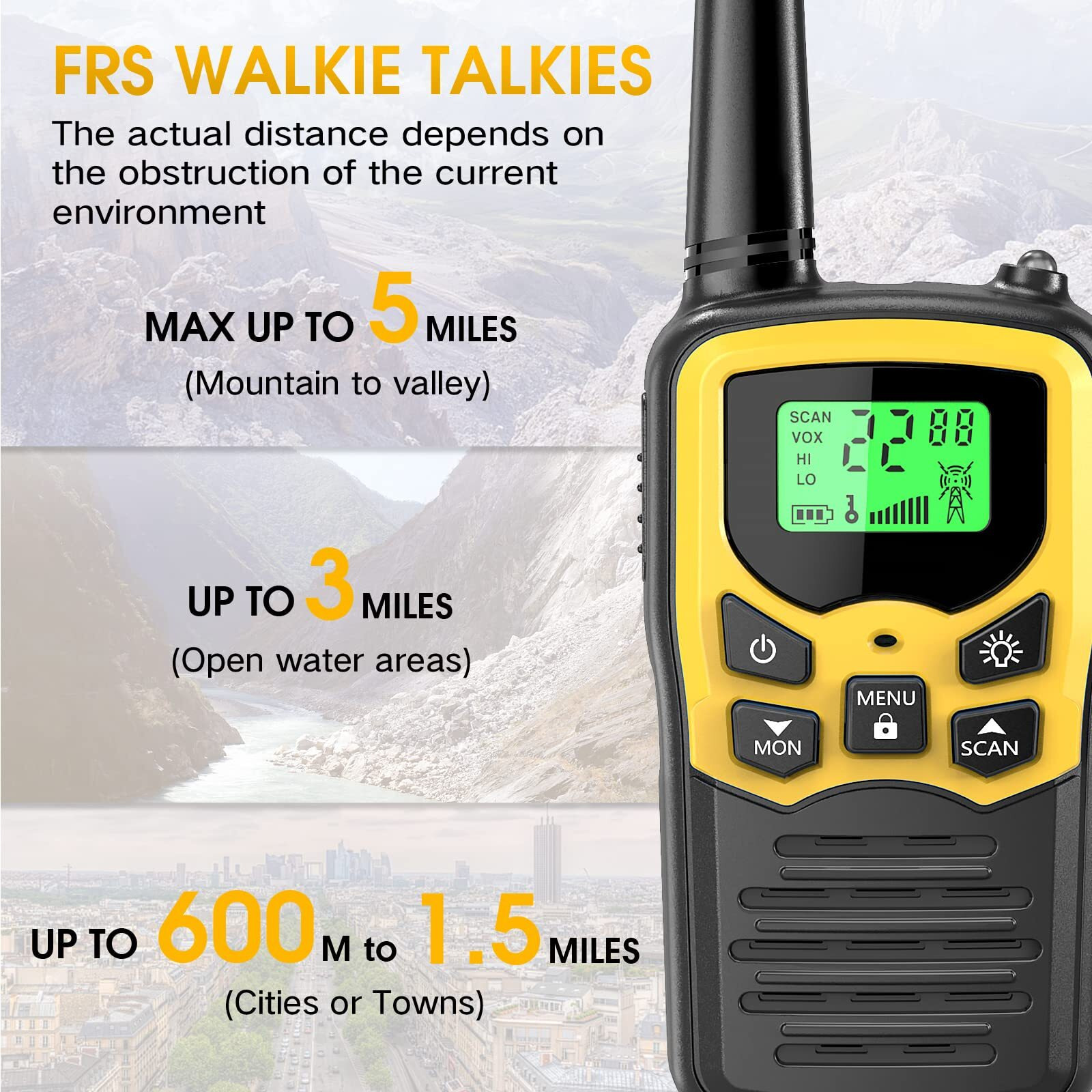 Walkie Talkies With 22 Frs Channels, Moico Walkie Talkies For Adults With Led Flashlight Vox Scan Lcd Display, Long Range Family Walkie Talkie For Hiking Camping Trip (Yellow, 4 Pack)