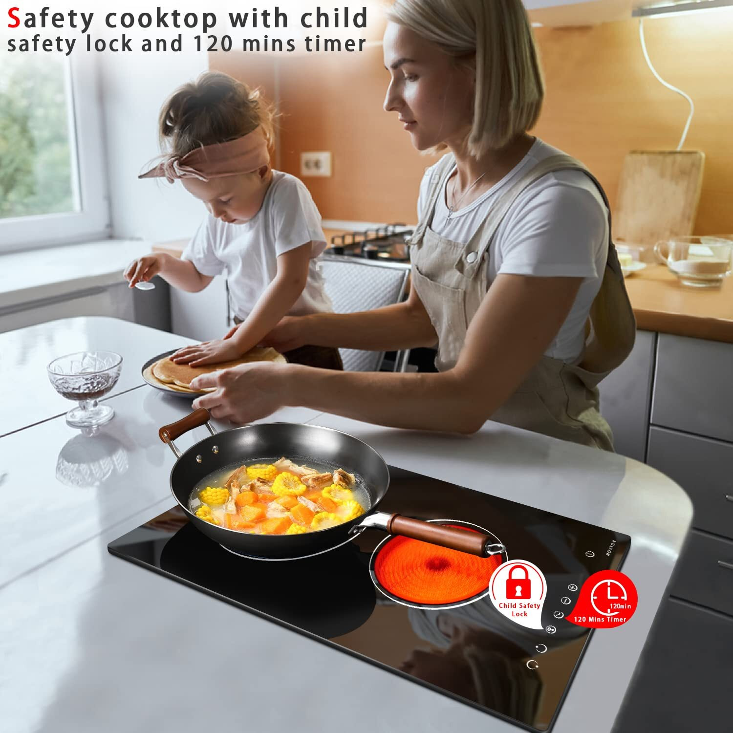 Noxton 2 Burner Electric Cooktop 12 Inch, Built-In Electric Radiant Ceramic Stove Top, Sensor Touch Control, Child Safety Lock, Timer, 3000W, Hard Wire For 220V~240V