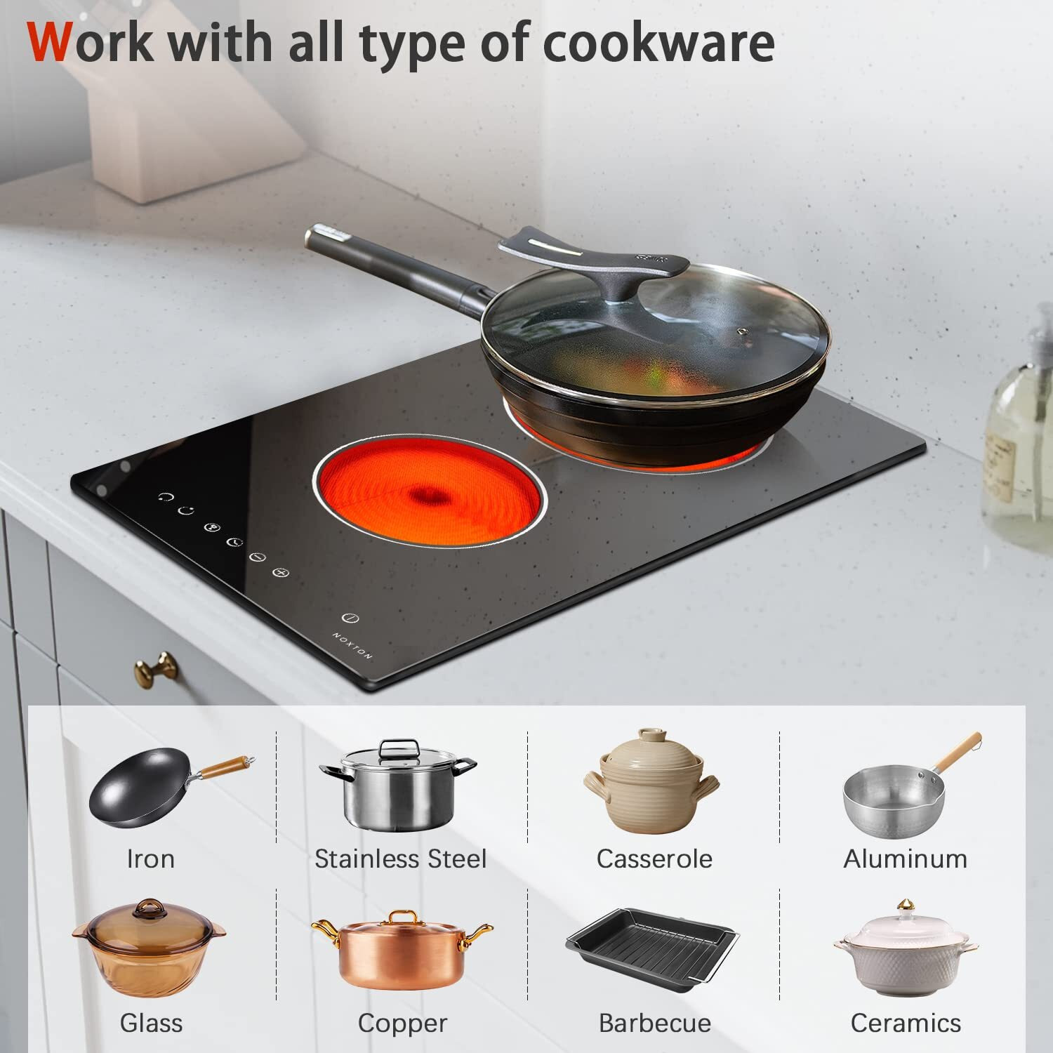 Noxton 2 Burner Electric Cooktop 12 Inch, Built-In Electric Radiant Ceramic Stove Top, Sensor Touch Control, Child Safety Lock, Timer, 3000W, Hard Wire For 220V~240V