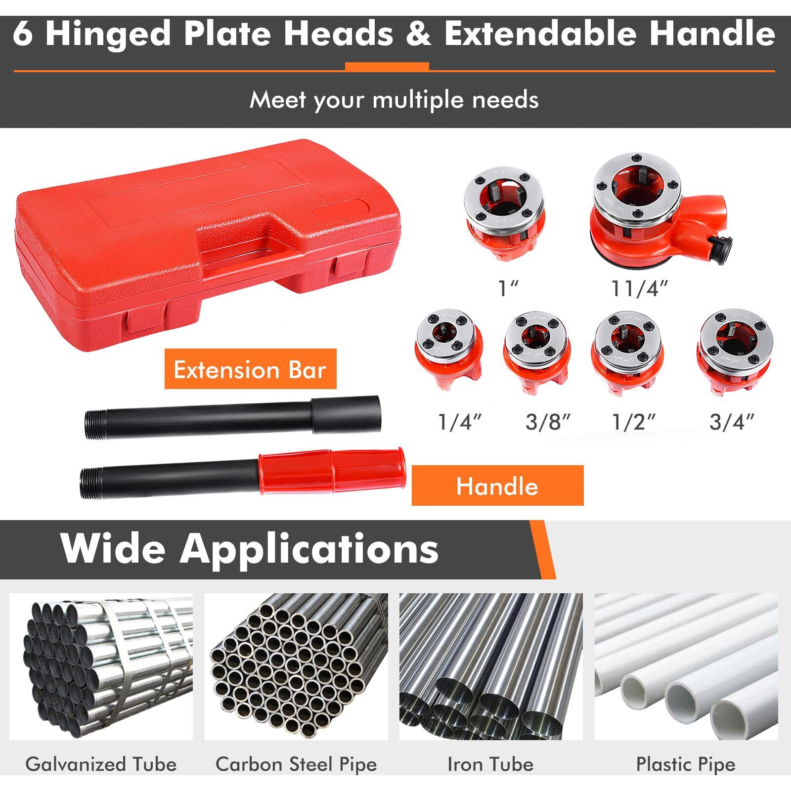 Goplus Ratchet Pipe Threader Kit, Ratcheting Pipe Threading Tool Set W/ 6 Dies- 1/4"", 3/8"", 1/2"", 3/4"", 1"", 1-1/4"" And Storage Case
