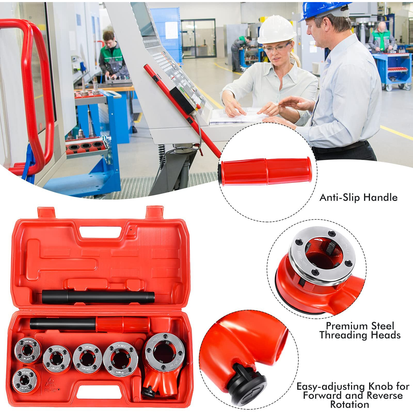 Goplus Ratchet Pipe Threader Kit, Ratcheting Pipe Threading Tool Set W/ 6 Dies- 1/4"", 3/8"", 1/2"", 3/4"", 1"", 1-1/4"" And Storage Case