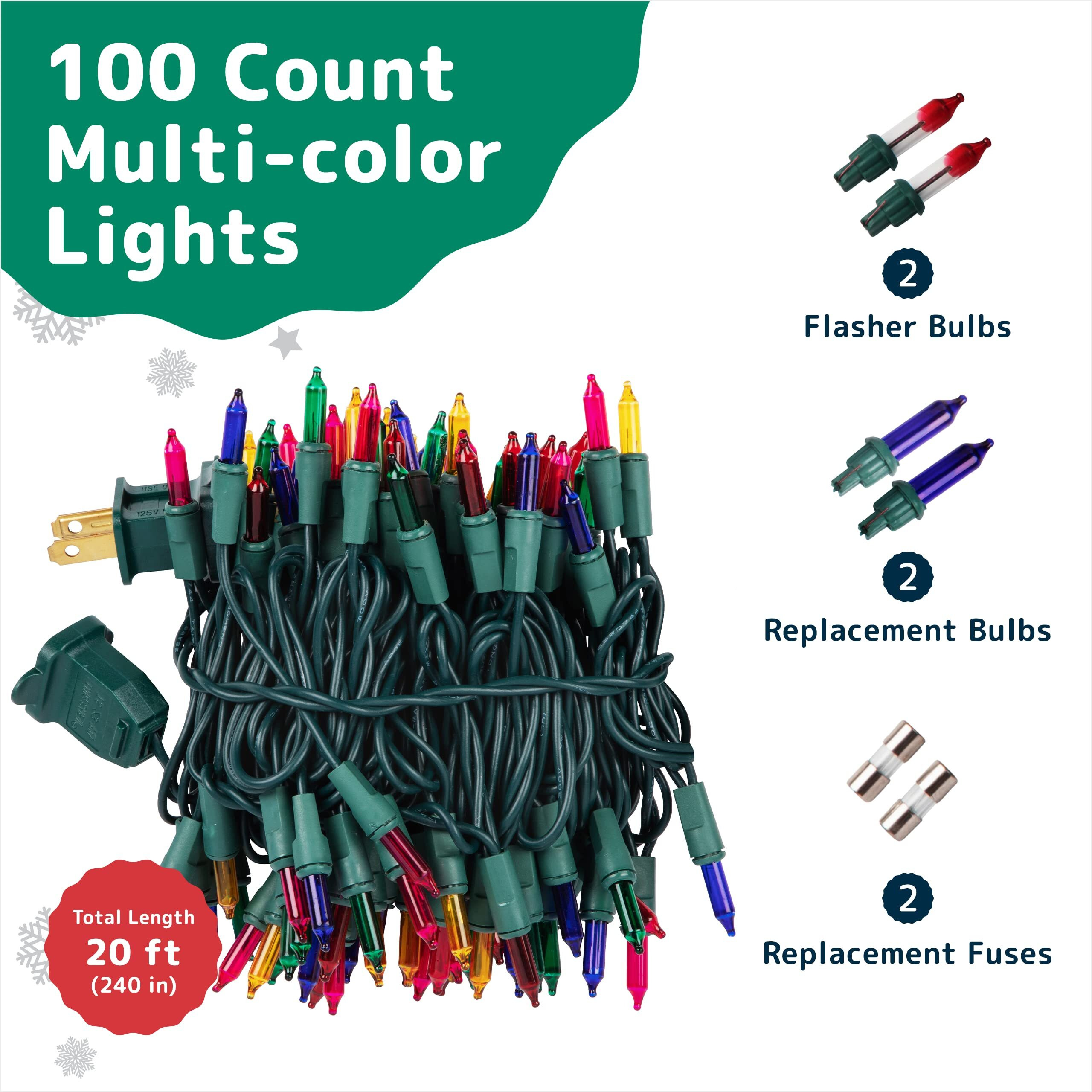 Prextex Incandescent Christmas Lights - 100 Multi Color String Lights With Green Wire - Twinkle Holiday Lights For Indoor Christmas Tree Decor - End-To-End Connectable, Includes Extra Bulbs - 20 Feet