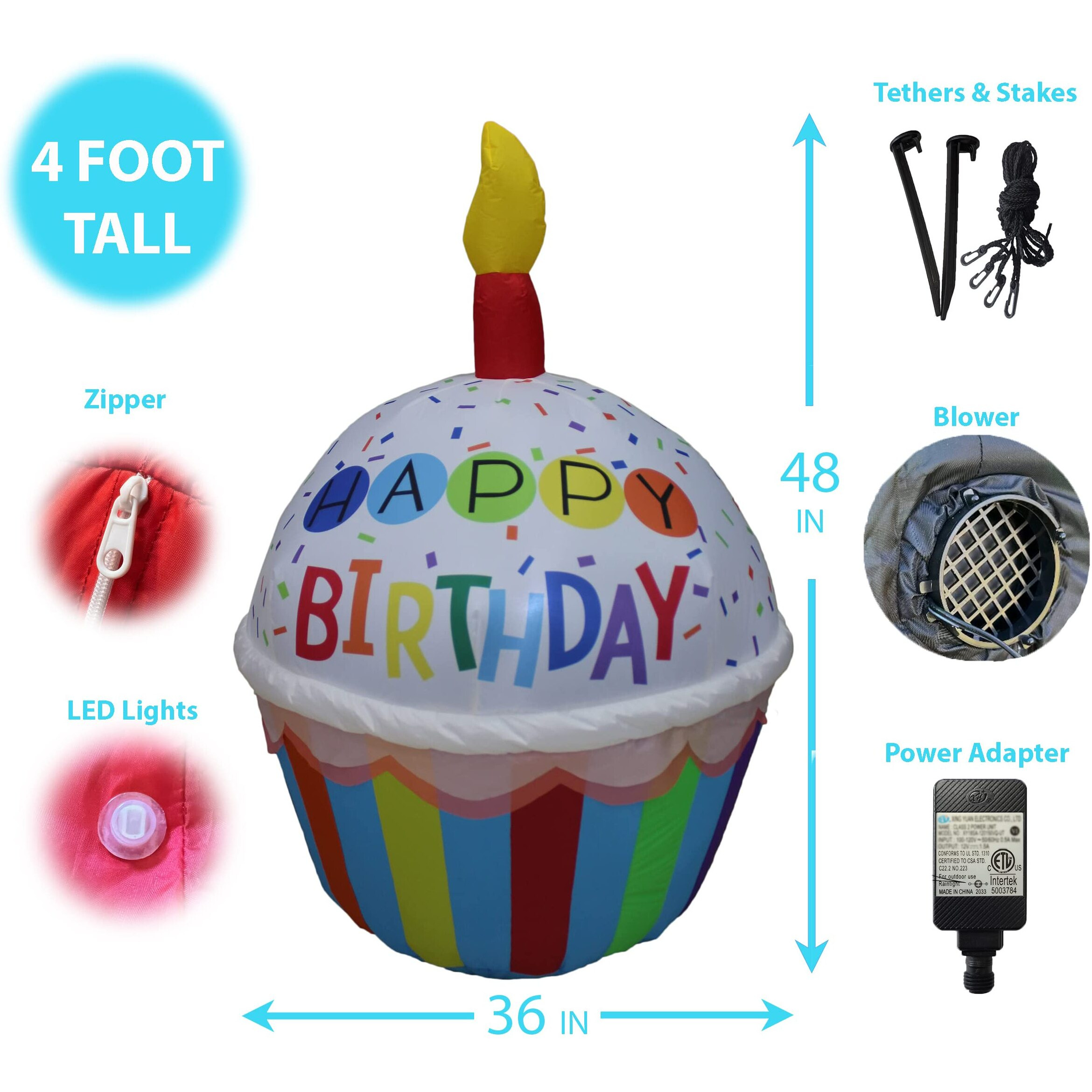 4 Foot Tall Cute Happy Birthday Inflatable Cupcake With Candle Lights Blowup Party Decoration For Outdoor Indoor Home Celebration Garden Yard Lawn Prop