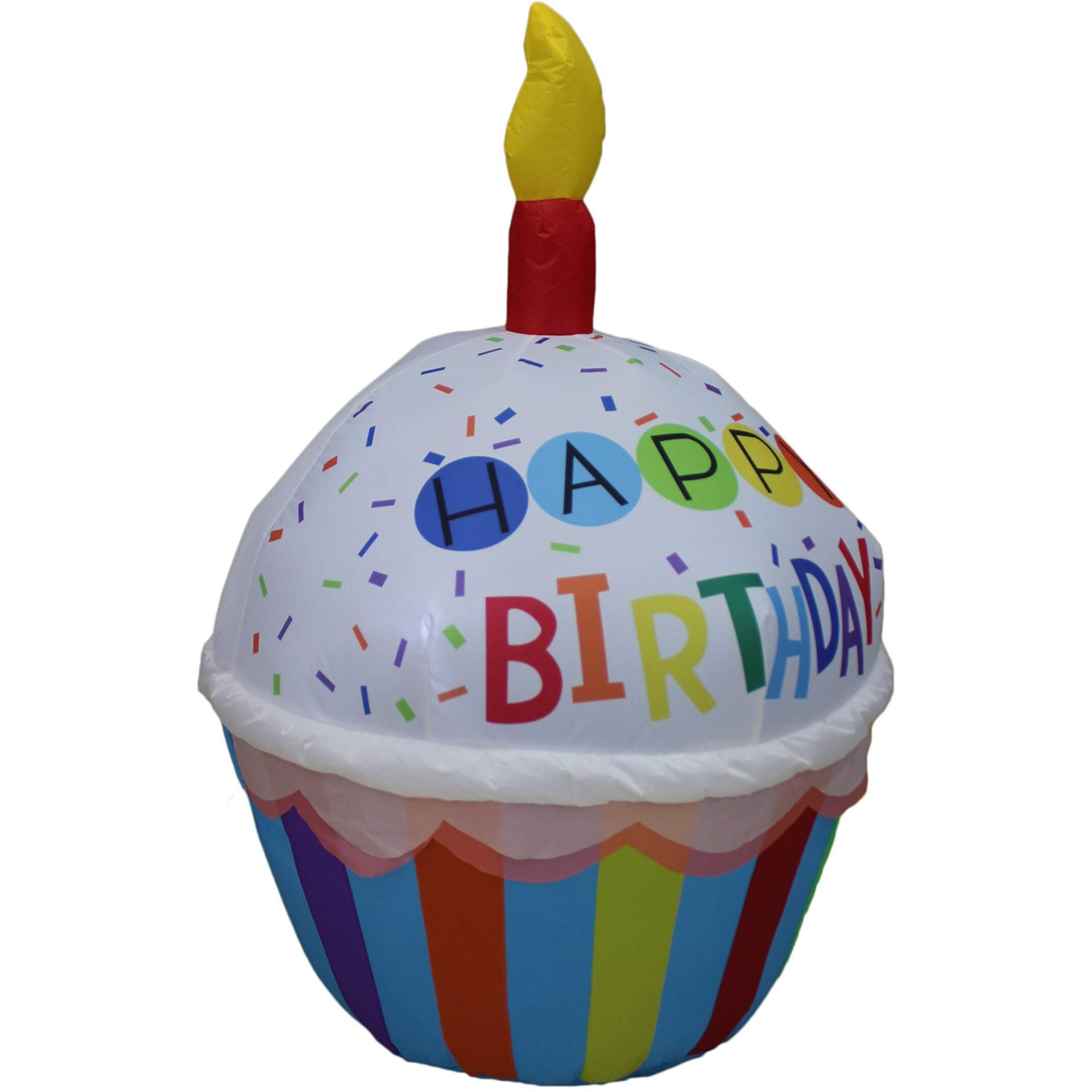 4 Foot Tall Cute Happy Birthday Inflatable Cupcake With Candle Lights Blowup Party Decoration For Outdoor Indoor Home Celebration Garden Yard Lawn Prop