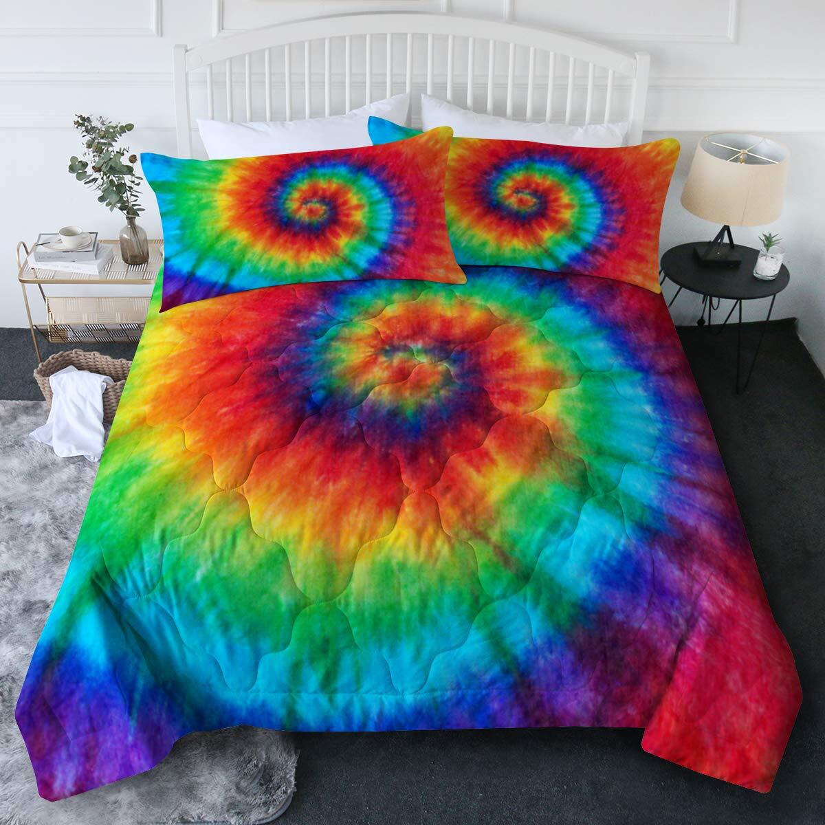 Blessliving Tye Dye Comforter Set Girls Full/Queen Size Comforter Sets Rainbow Bedding Set 3Pc Boho Colorful Bedding Sets Soft Tie Dye Bedding Quilt Set