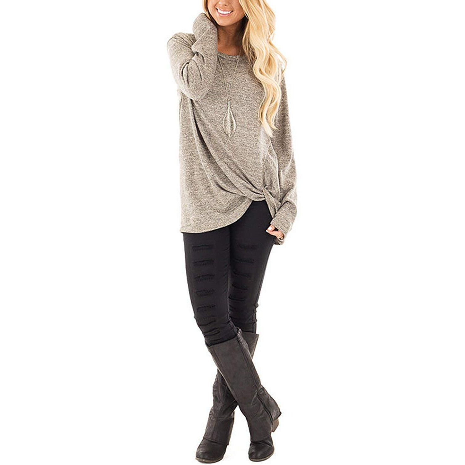 Sampeel Womens Long Sleeve Casual Winter Warm Clothes Tunic Tops Pleated Clearance Khaki M