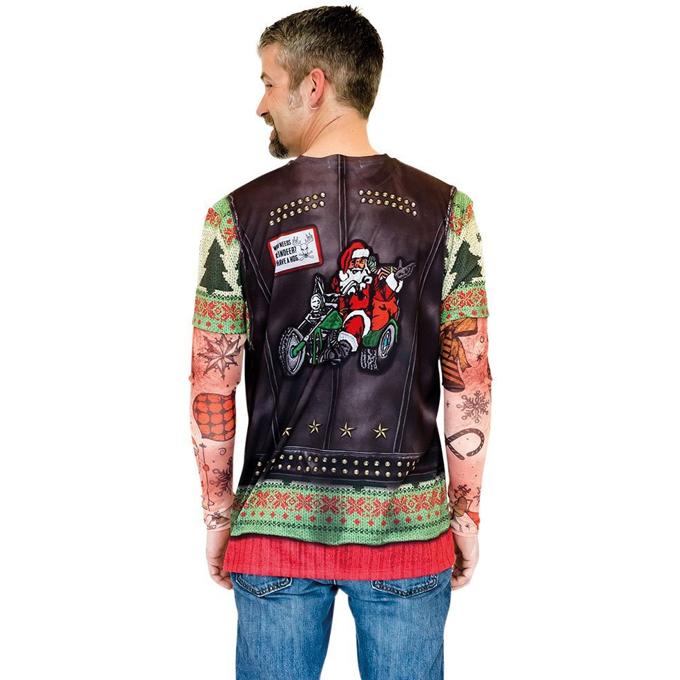 Faux Real Men's 3D Photo-Realistic Ugly Christmas Sweater Long Sleeve T-Shirt, Biker Xmas Tattoo, Large