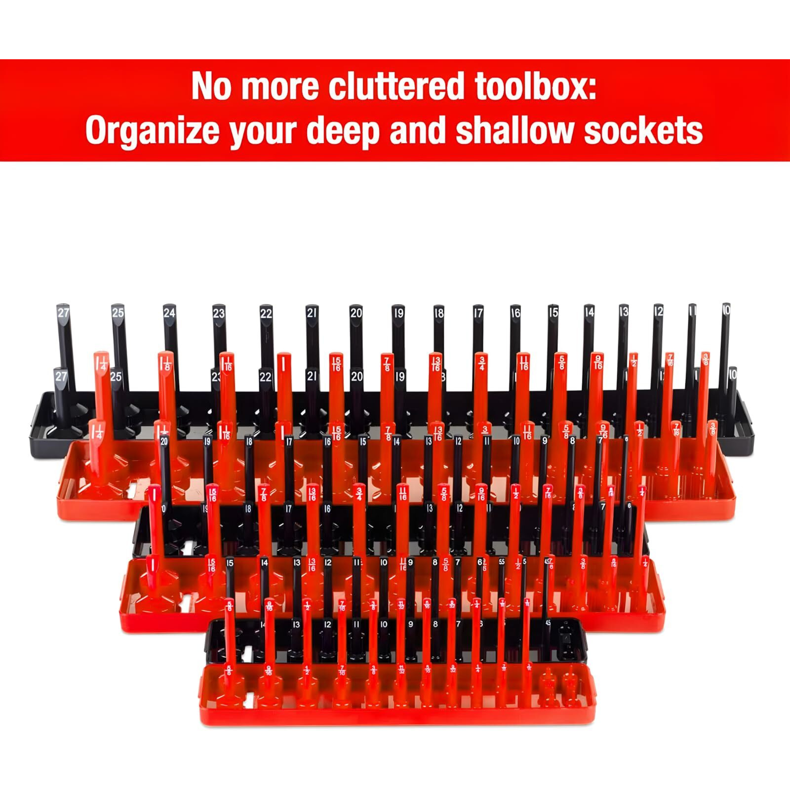 6Pcs Socket Organizer Tray Set, Red Sae & Black Metric Socket Storage Trays, 1/4-Inch, 3/8-Inch & 1/2-Inch Drive Deep And Shallow Socket Holders For Toolboxes