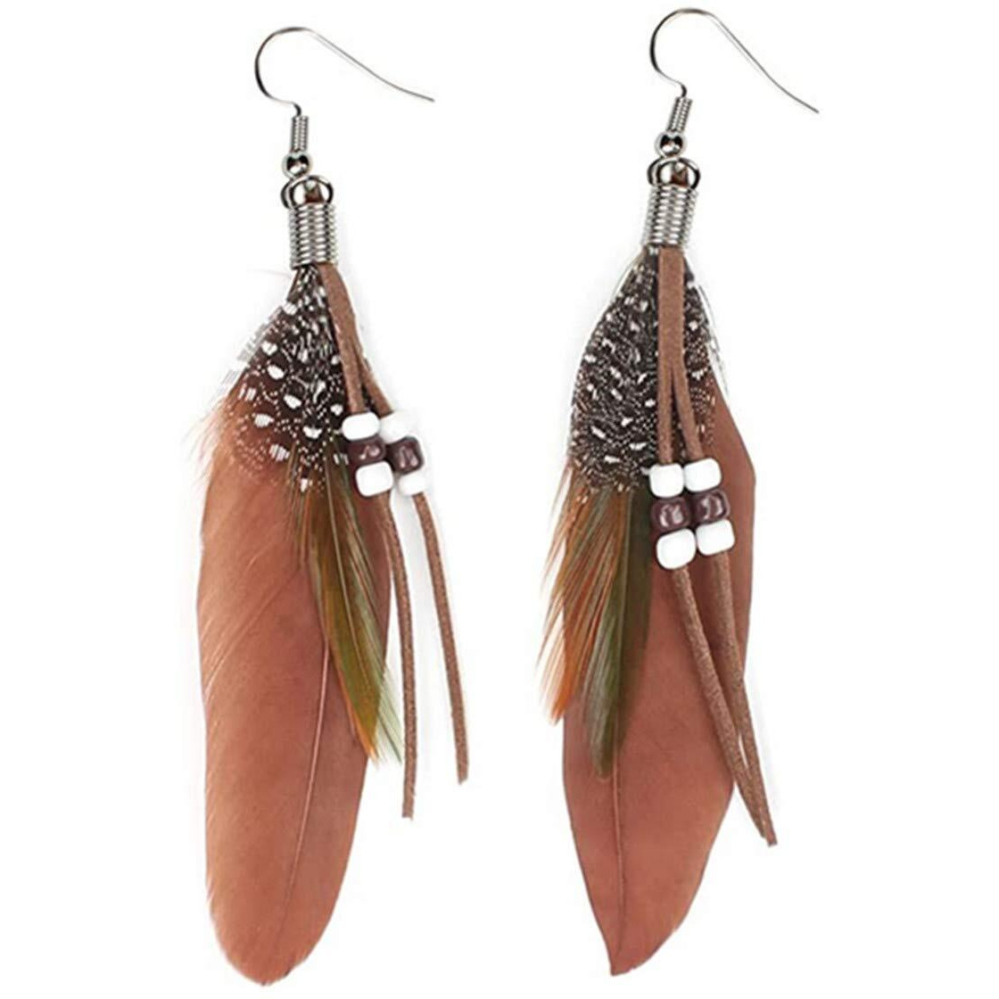 Kisspat Nature Feather Dangle Earrings, Brown, 3-3.5 In Length, Alloy Hook, Handmade