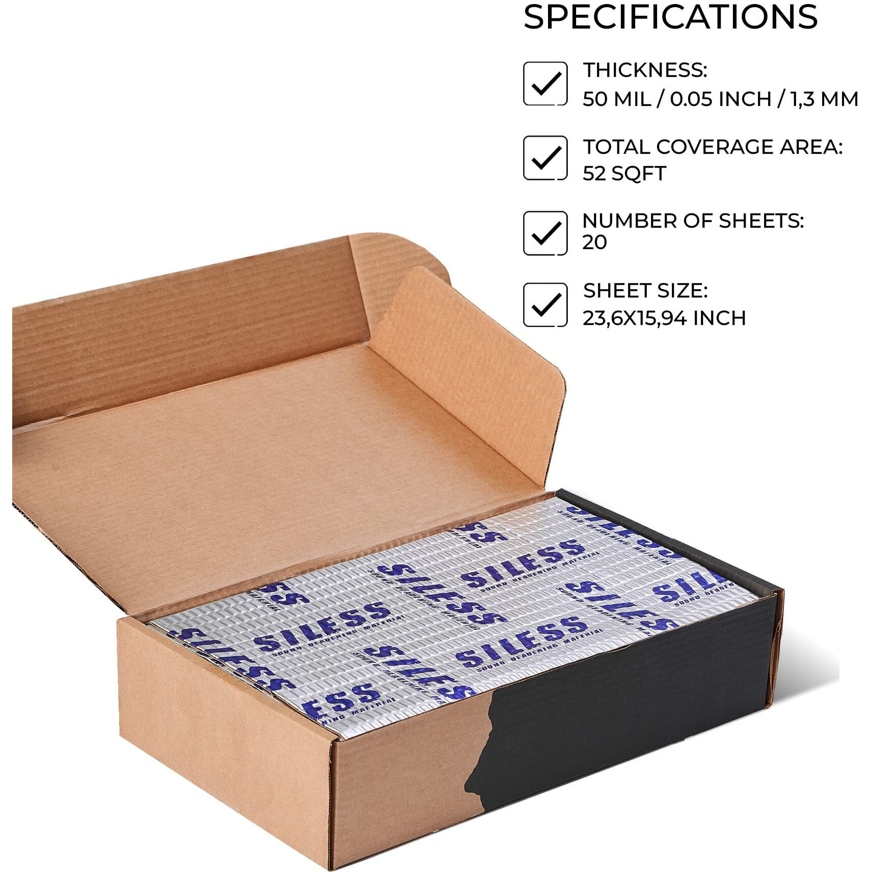 Siless 50 Mil (1.3Mm) 52 Sqft Car Sound Deadening Mat - Butyl Automotive Sound Deadener - Noise Insulation And Vibration Dampening Material ( 52 Sqft)