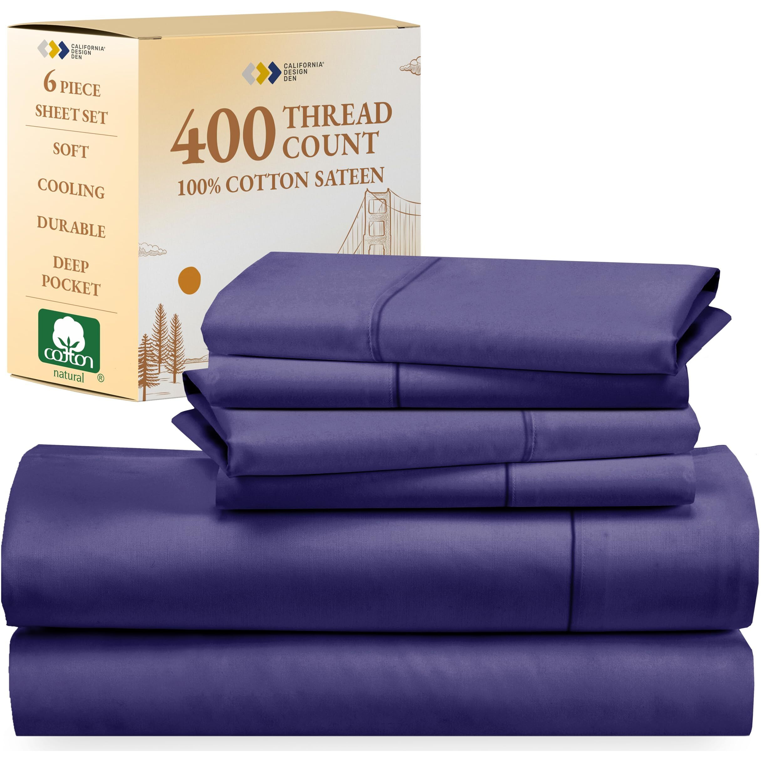 California Design Den 6-Pc Queen Size Sheet Set With 4 Pillowcases - 400 Thread Count 100% Cotton Sheets, Cooling Sateen Weave, Luxury Deep Pocket Bedsheets Set - Dark Purple