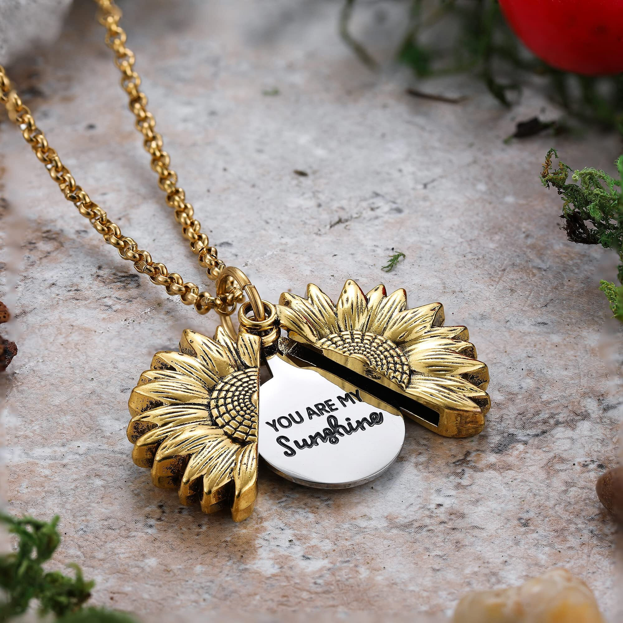 Sloong You Are My Sunshine Engraved Necklace Inspirational Sunflower Locket Necklace Jewelry Mother's Day Gift For Women Girlfriend