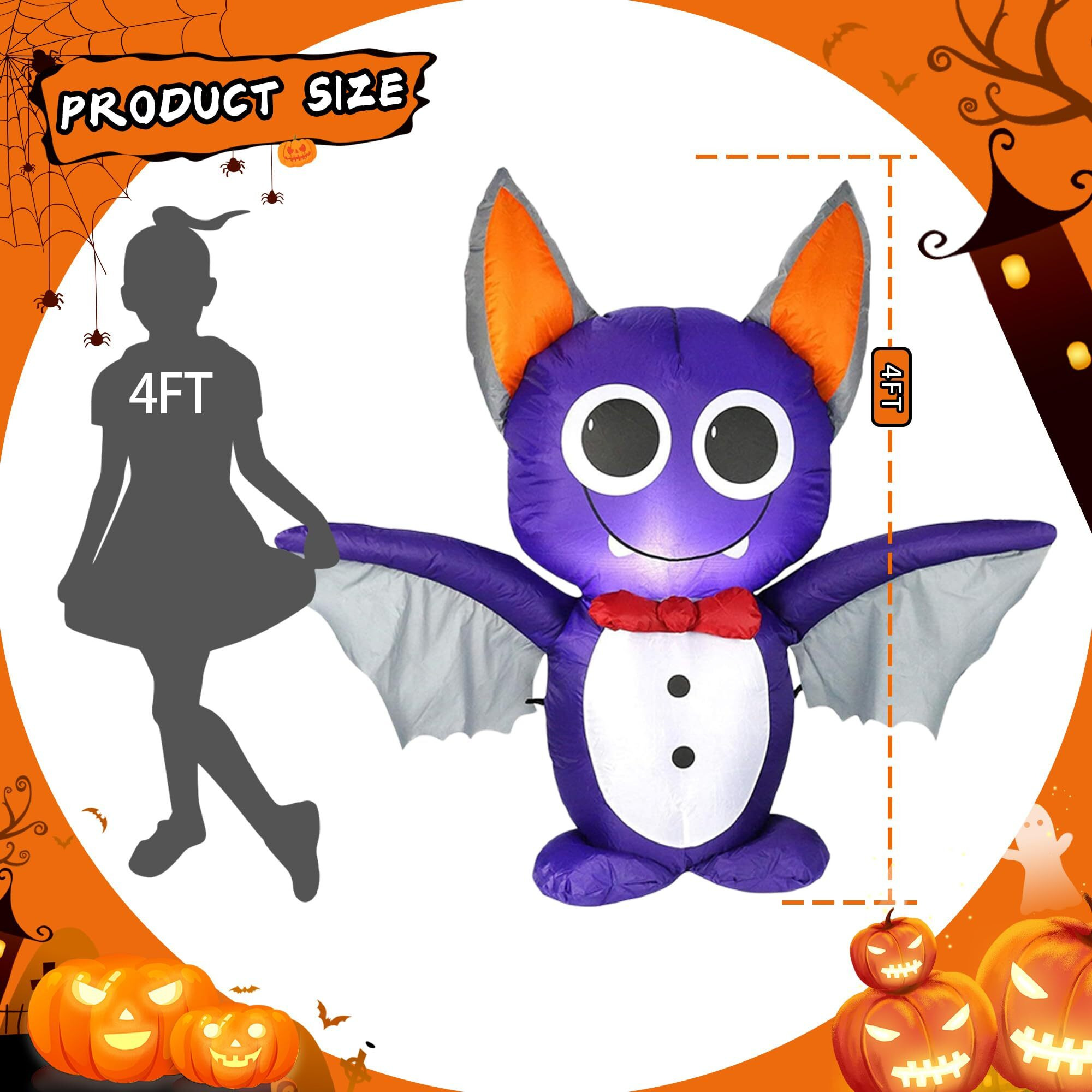 Dearsun 4Ft Adorable Halloween Inflatable Purple Bat Led Lighted Outer Decoration Large Party Yard Decoration (Purple Bat)