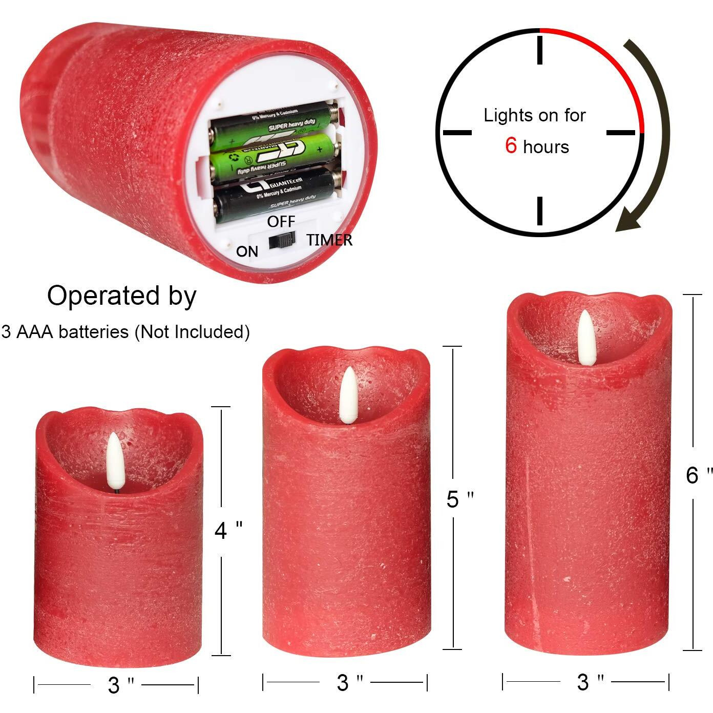 Wondise Red Flameless Candles Battery Operated With Timer, 3D Wick Real Wax Led Red Pillar Candles For Home Decoration, Set Of 3(3 X 4/5/6 Inches)