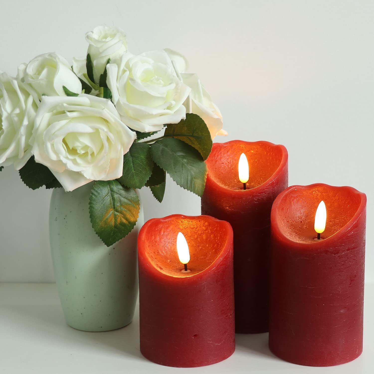 Wondise Red Flameless Candles Battery Operated With Timer, 3D Wick Real Wax Led Red Pillar Candles For Home Decoration, Set Of 3(3 X 4/5/6 Inches)