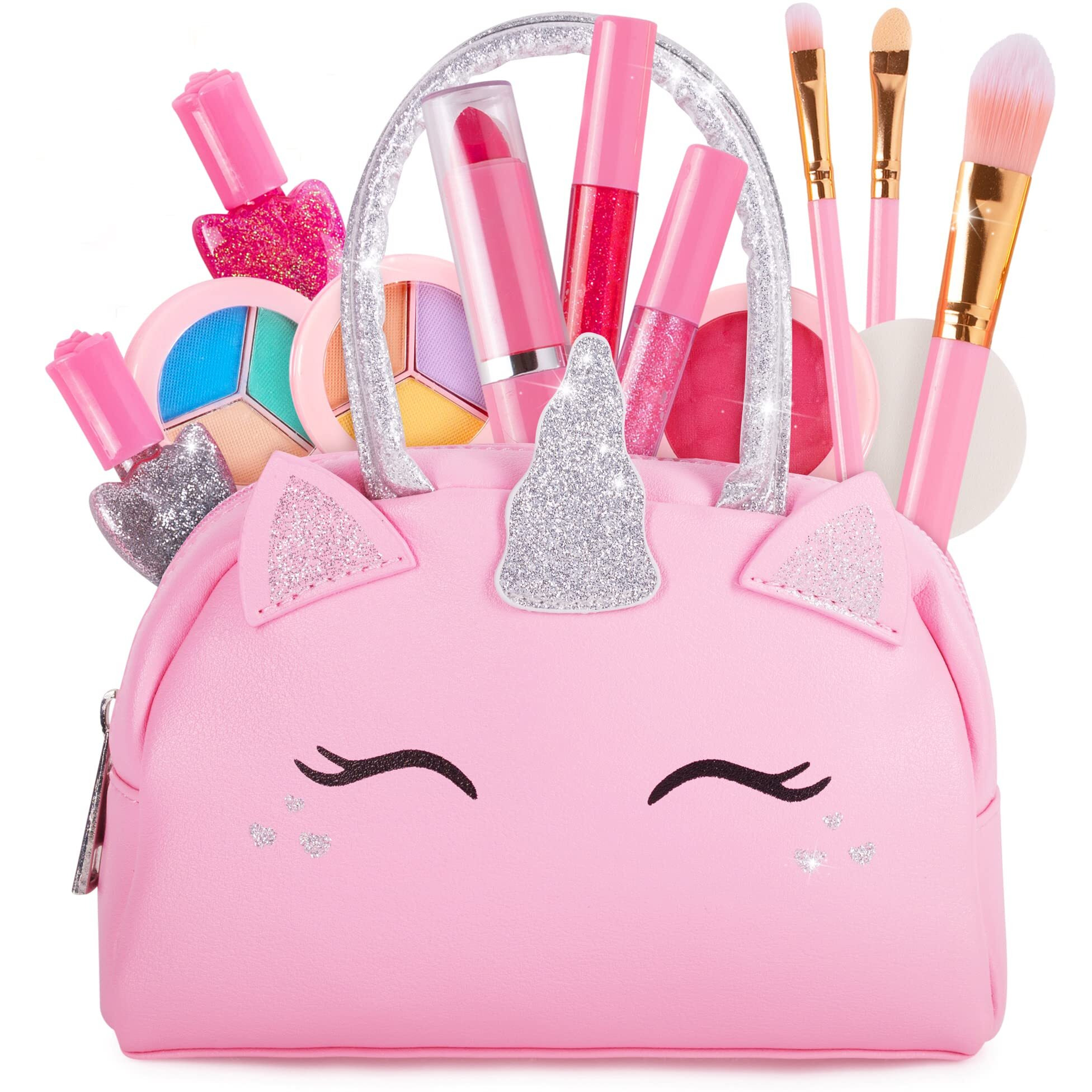 Kids Real Makeup Kit For Little Girls With Pink Unicorn Purse - Real, Non Toxic, Washable Make Up Toy - Gift For Toddler Young Children Pretend Play Set Vanity For Ages 3 4 5 6 7 8 9 10 Years Old