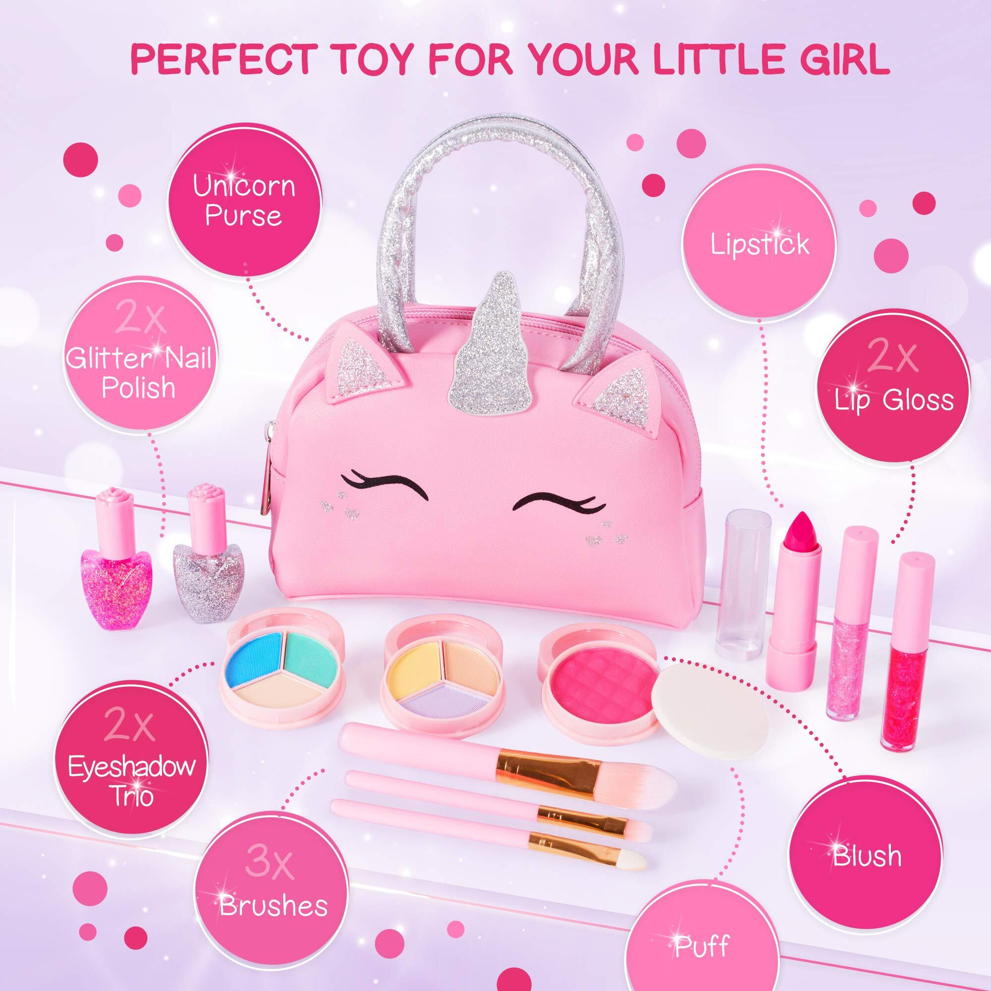 Kids Real Makeup Kit For Little Girls With Pink Unicorn Purse - Real, Non Toxic, Washable Make Up Toy - Gift For Toddler Young Children Pretend Play Set Vanity For Ages 3 4 5 6 7 8 9 10 Years Old