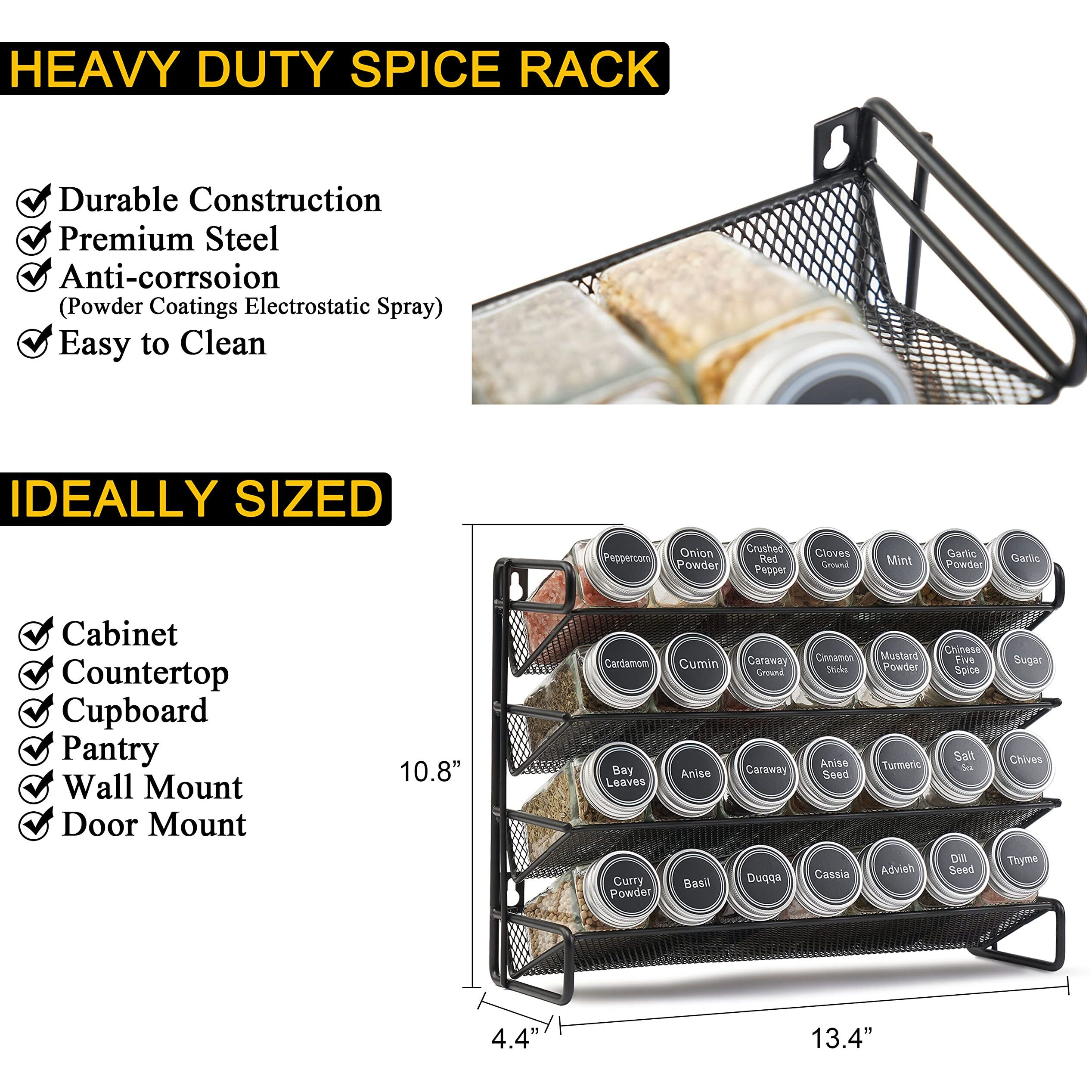Spaceaid Spice Rack Organizer With 28 Spice Jars, 386 Spice Labels, Chalk Marker And Funnel Set For Cabinet, Countertop, Pantry, Cupboard Or Door & Wall Mount - 28 Jars, 13.4"" W    10.8"" H, Black