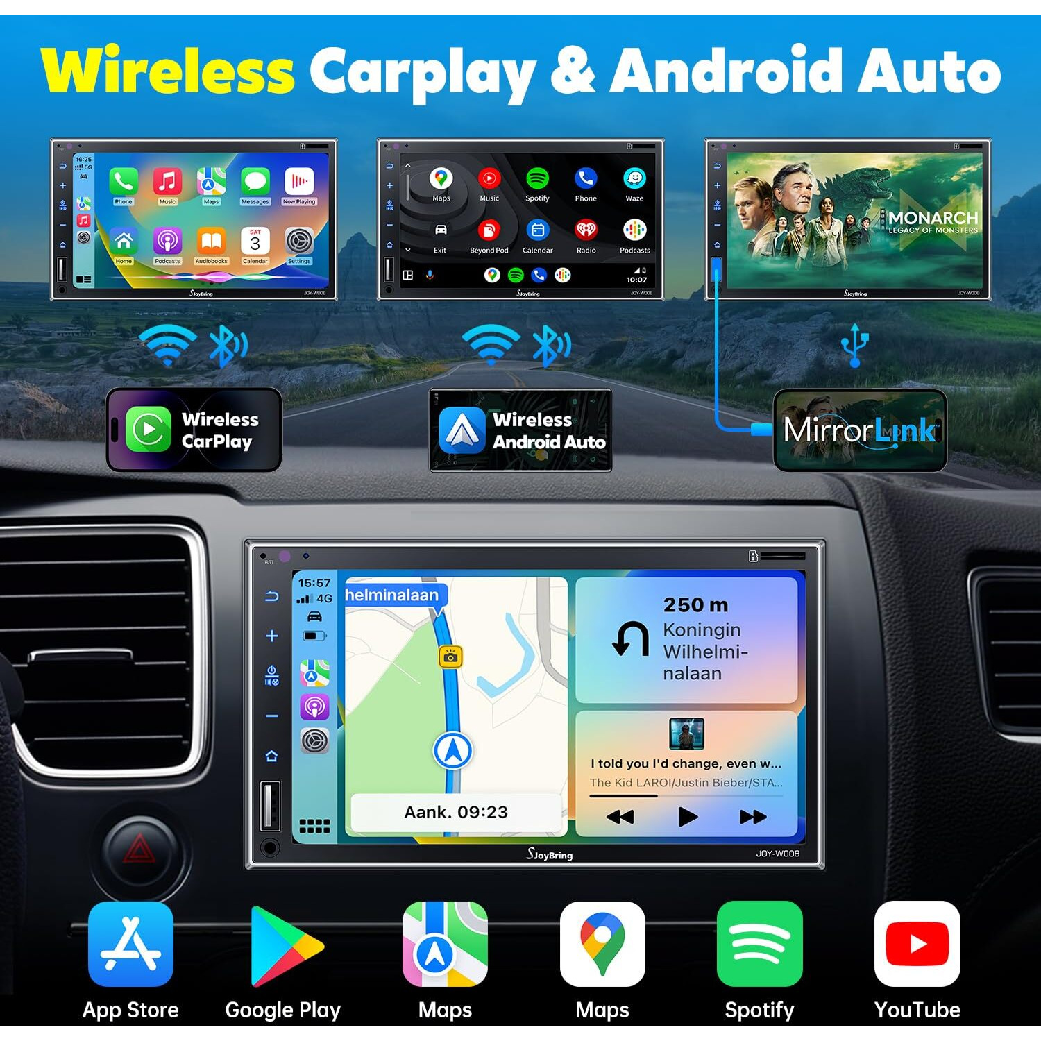 Double Din Car Stereo With Wireless Apple Carplay, Android Auto, 7 Inch Full Hd Capacitive Touchscreen - Bluetooth, 4-Channel Rca, High Power, Subwoofer, Backup Camera, Steering Wheel, Fm/Am Car Radio