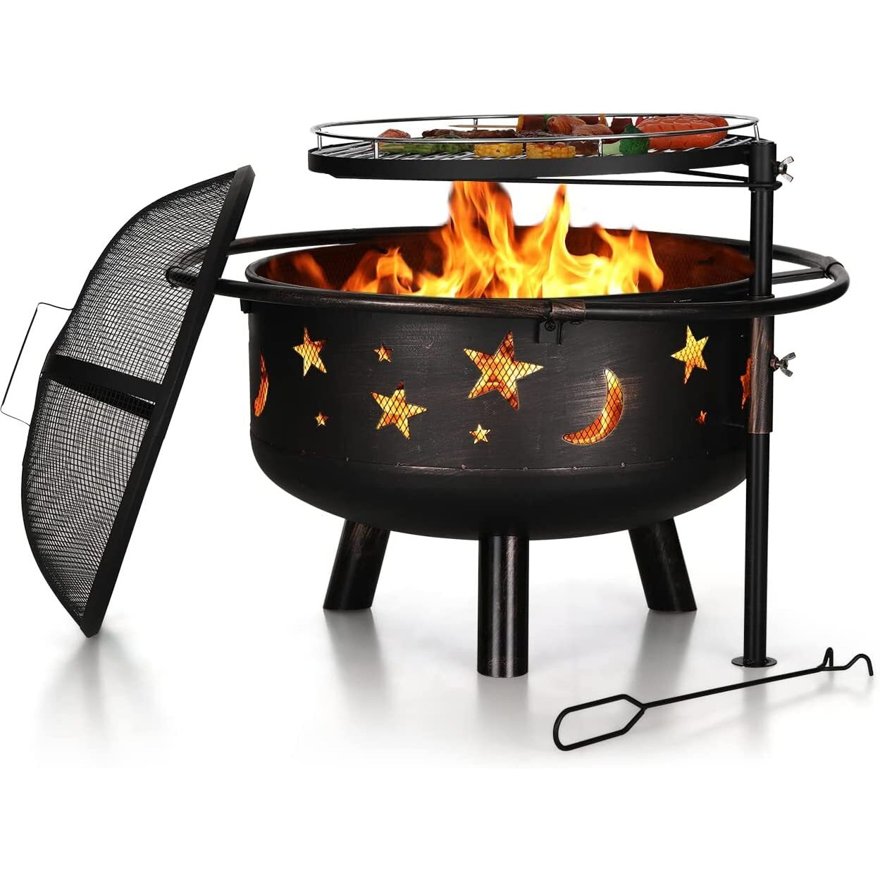 Wood Burning Fire Pit With Grill For Outside 30 Inch Outdoor Firepit With Cooking Grate Large Round Fire Pit Bowl With Poker & Spark Screen For Patio Lawn Backyard Bbq,Star & Moon Cutouts Pattern