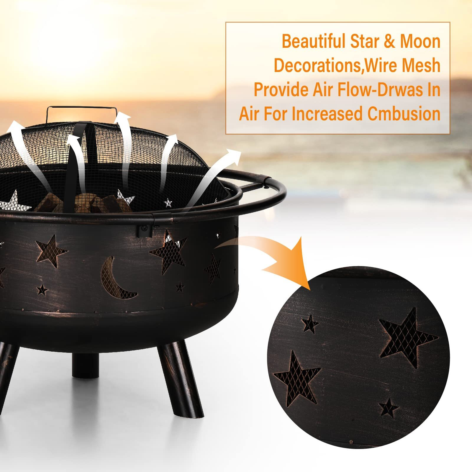 Wood Burning Fire Pit With Grill For Outside 30 Inch Outdoor Firepit With Cooking Grate Large Round Fire Pit Bowl With Poker & Spark Screen For Patio Lawn Backyard Bbq,Star & Moon Cutouts Pattern